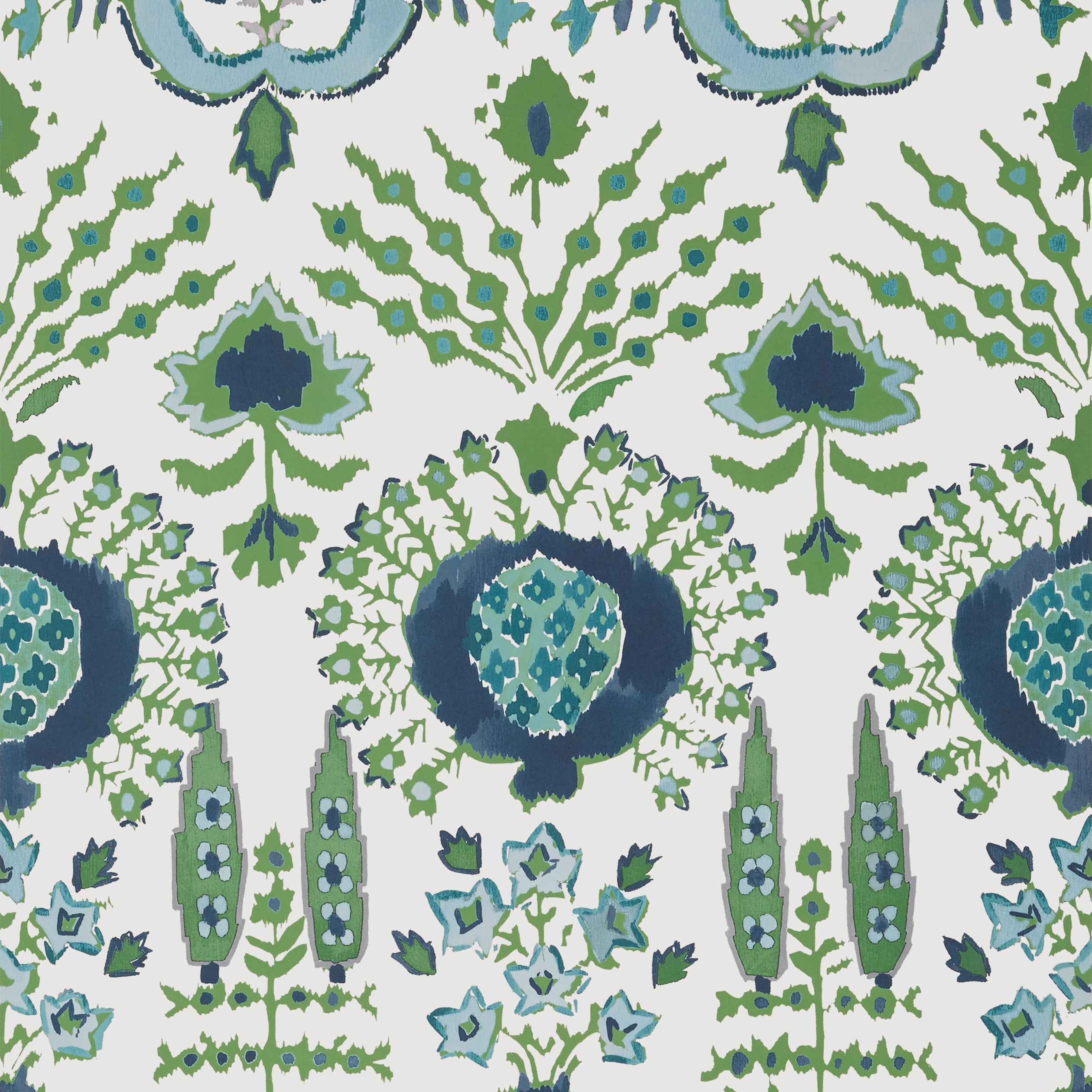 Mendoza Suzani fabric in blue and green on white color - pattern number T16240 - by Thibaut in the Kismet by Thibaut collection