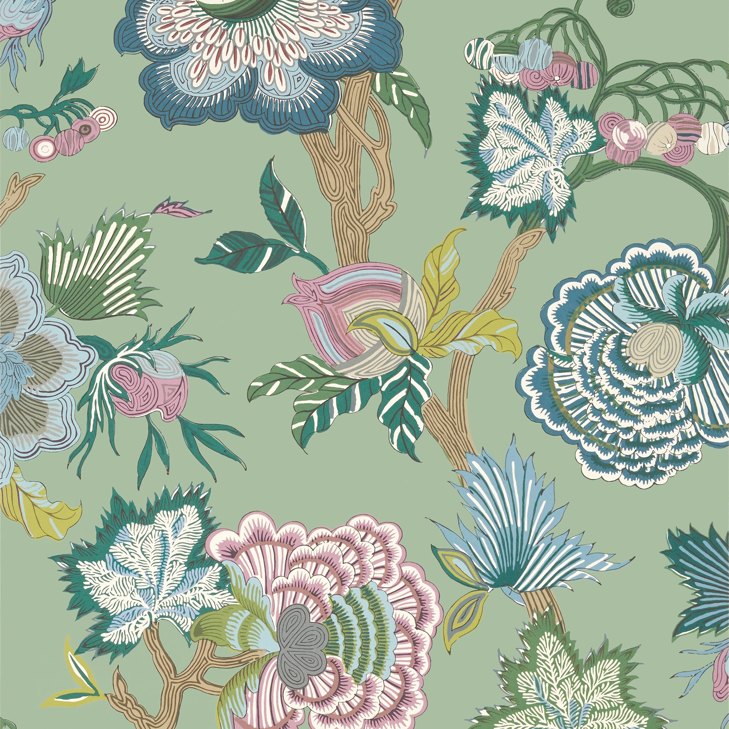 Indienne Jacobean wallpaper in green color - pattern number T36416 - by Thibaut in the Indienne collection