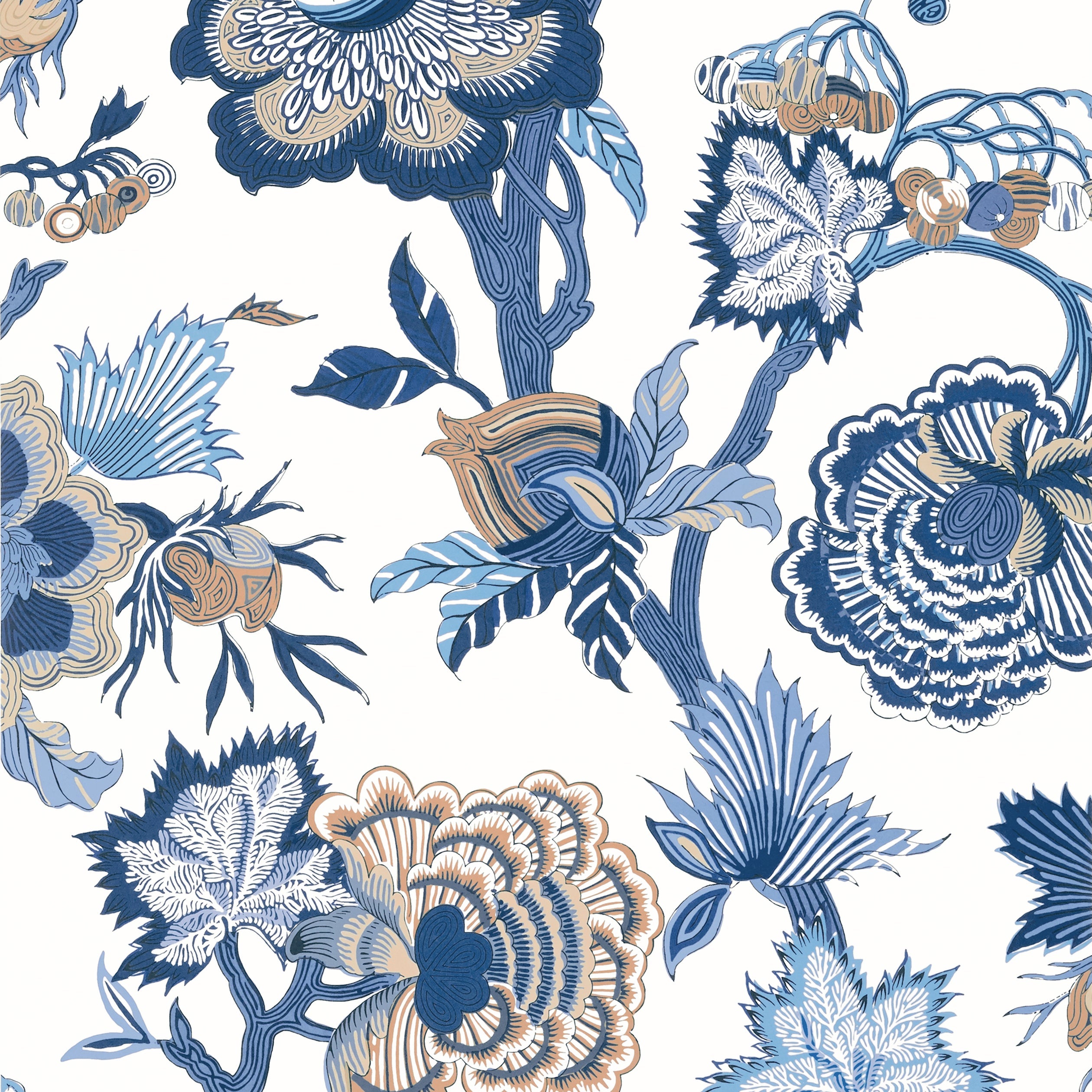 Indienne Jacobean wallpaper in blue and white color - pattern number T36418 - by Thibaut in the Indienne collection
