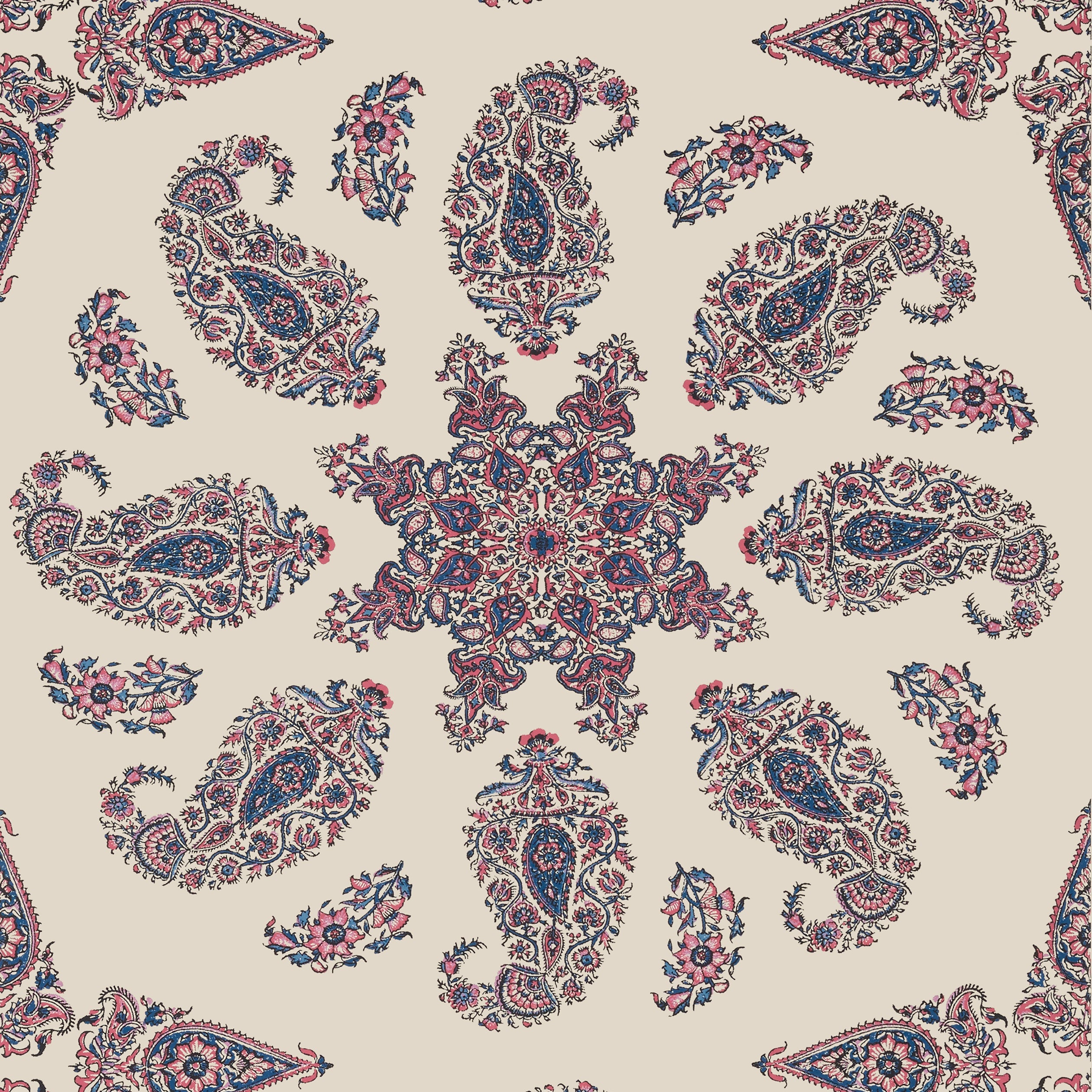 East India wallpaper in raspberry and blue on natural color - pattern number T36430 - by Thibaut in the Indienne collection