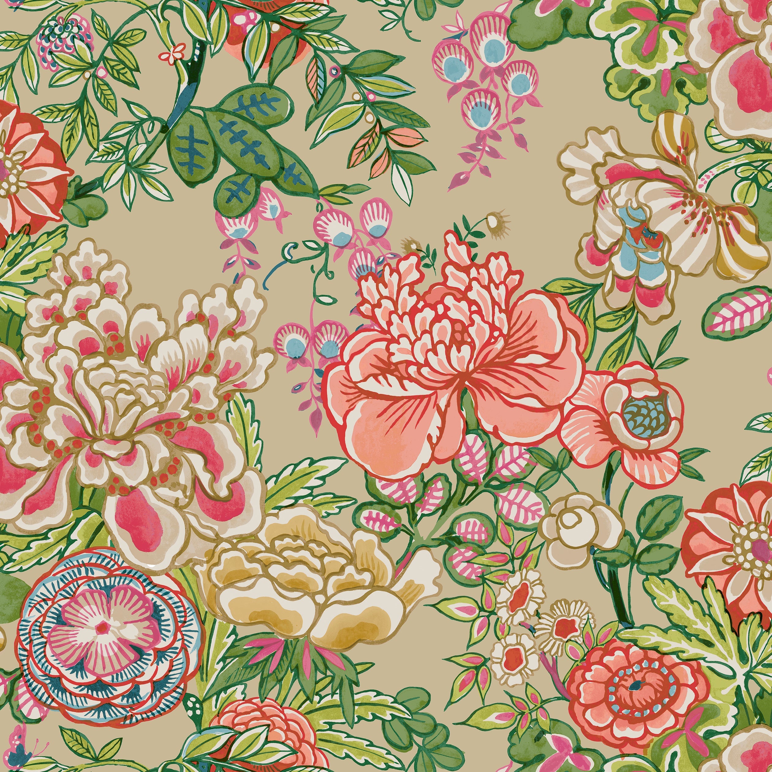 Peony Garden fabric in beige color - pattern number T42019 - by Thibaut in the Sojourn collection