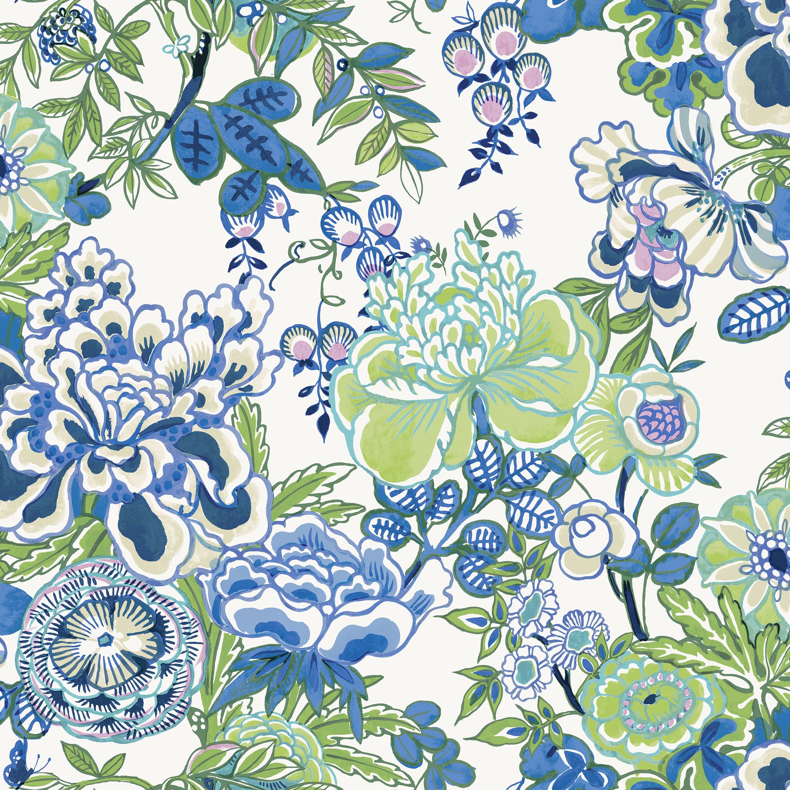 Peony Garden fabric in blue and green color - pattern number T42021 - by Thibaut in the Sojourn collection