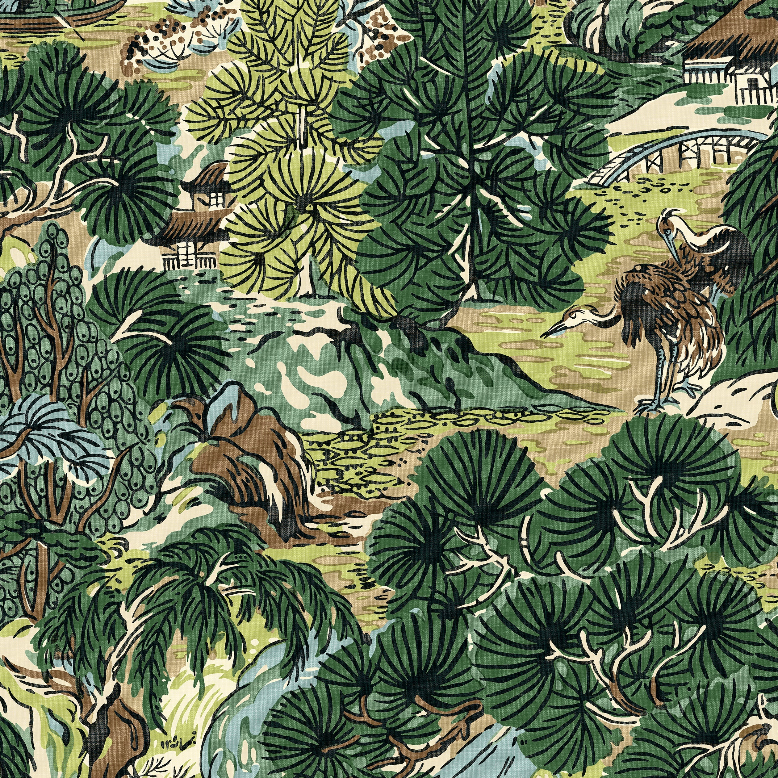 Pagoda Trees wallpaper in brown and green color - pattern number T42025 - by Thibaut in the Sojourn collection