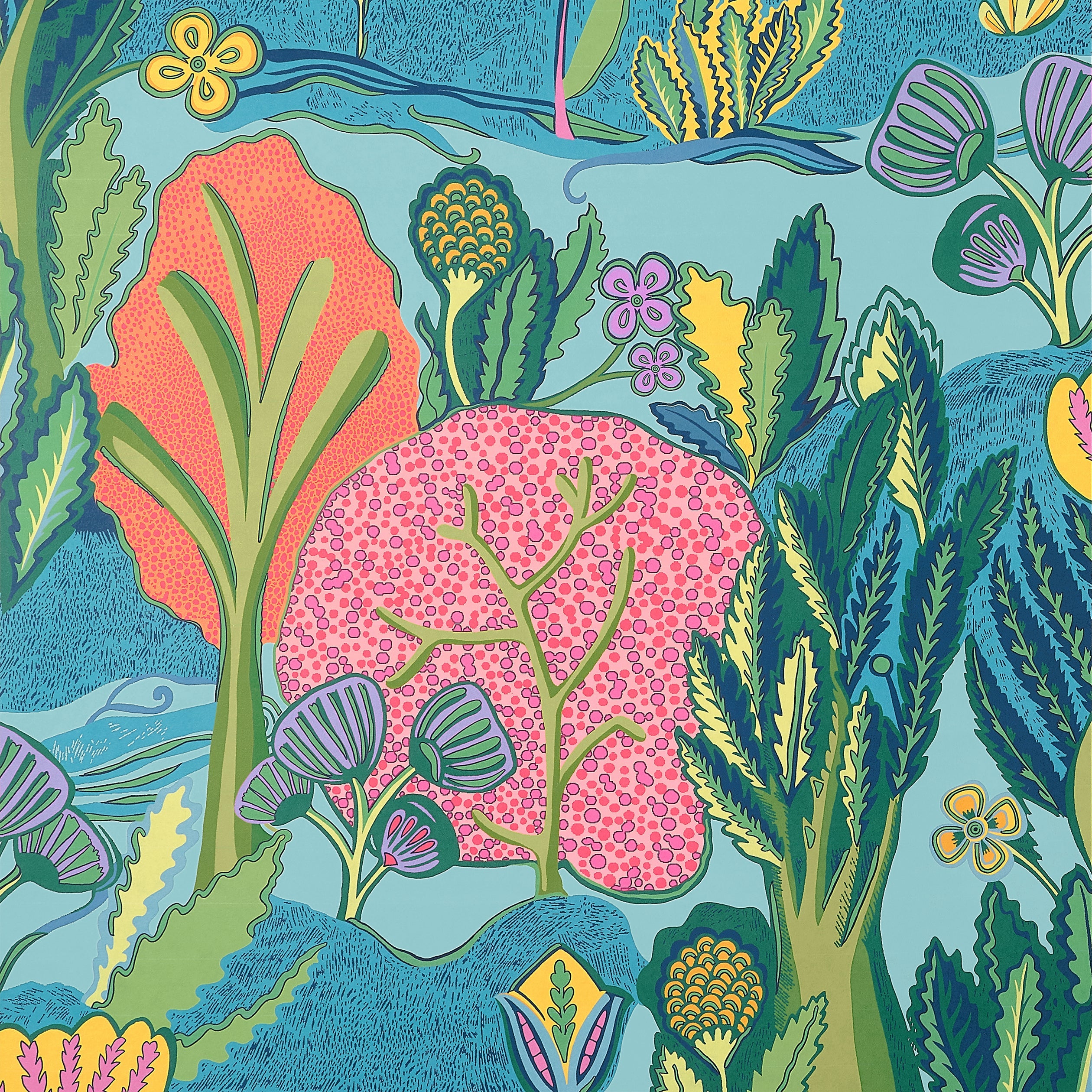 Albero wallpaper in tangerine and turquoise color - pattern number T45012 - by Thibaut in the Wanderlust collection