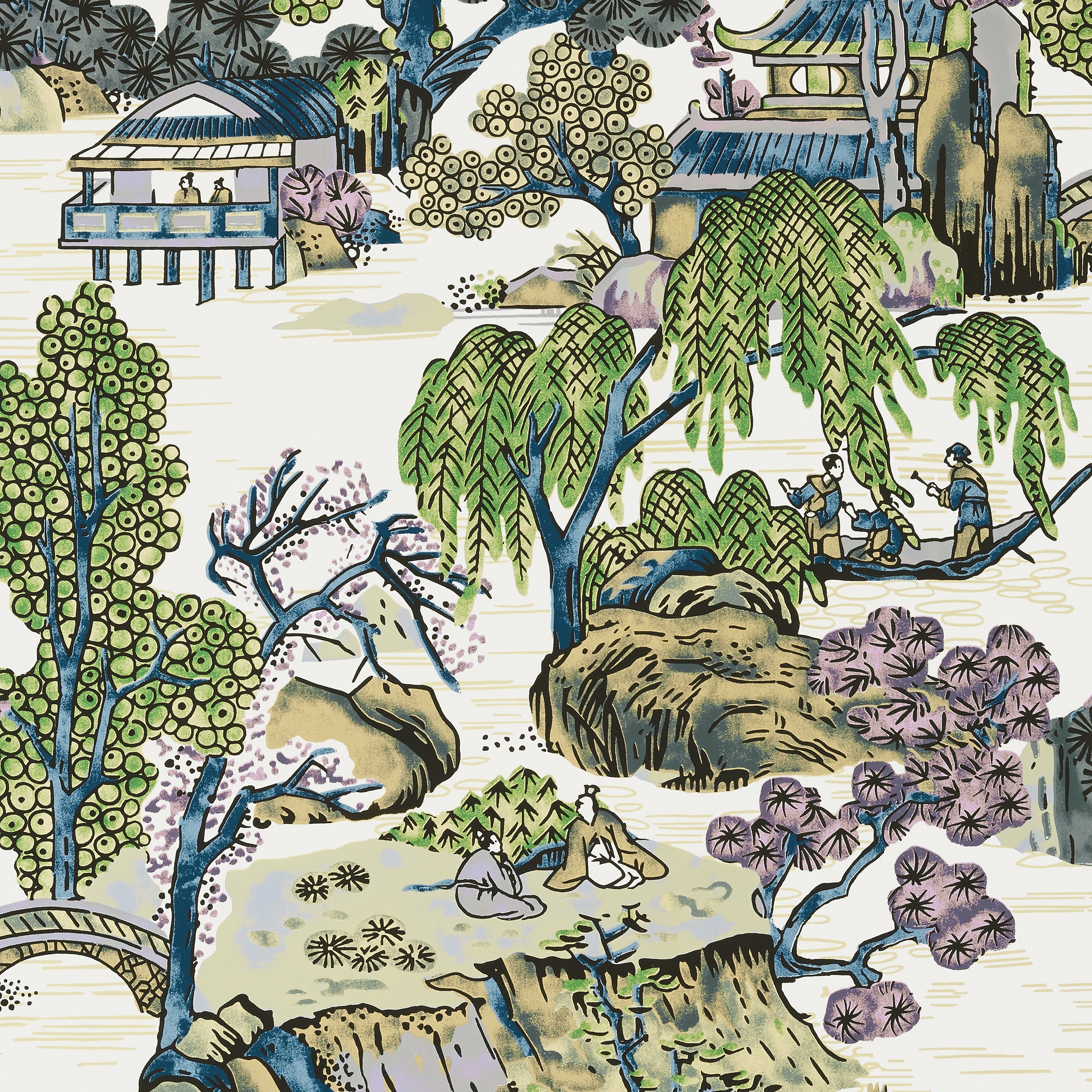 Asian Scenic fabric in purple and blue color - pattern number T75459 - by Thibaut in the Dynasty collection
