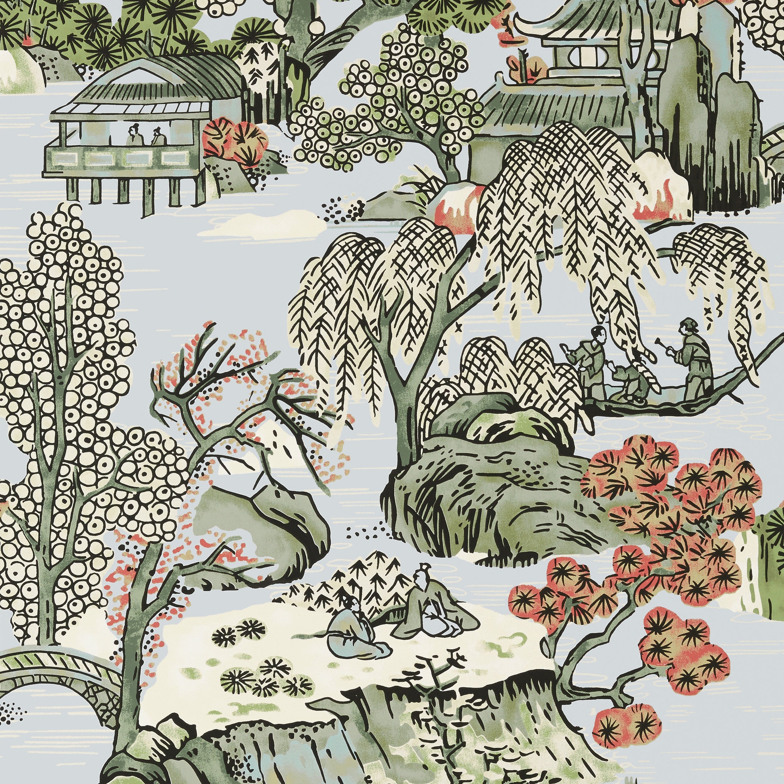 Asian Scenic fabric in robins egg color - pattern number T75460 - by Thibaut in the Dynasty collection
