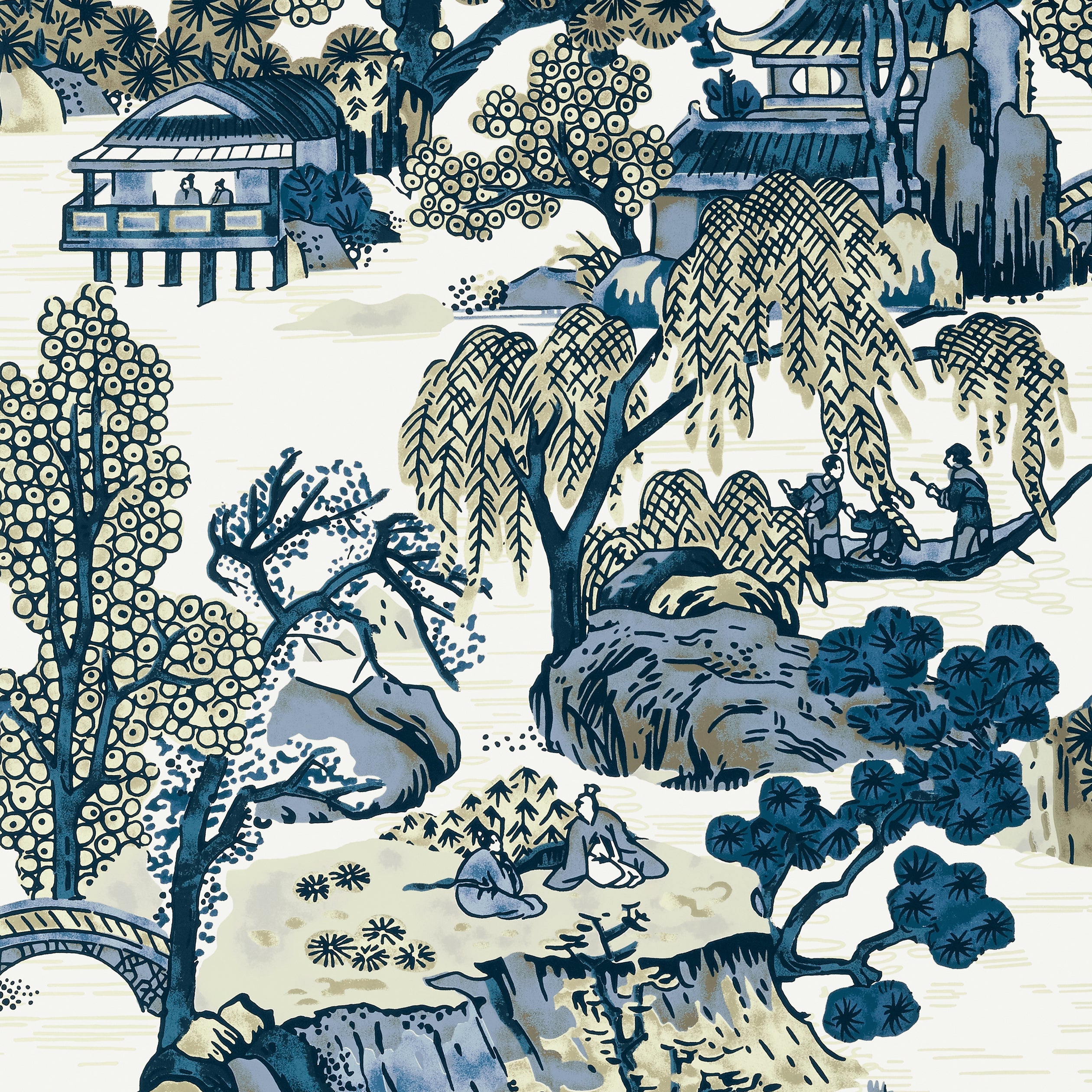 Asian Scenic fabric in blue and beige color - pattern number T75461 - by Thibaut in the Dynasty collection
