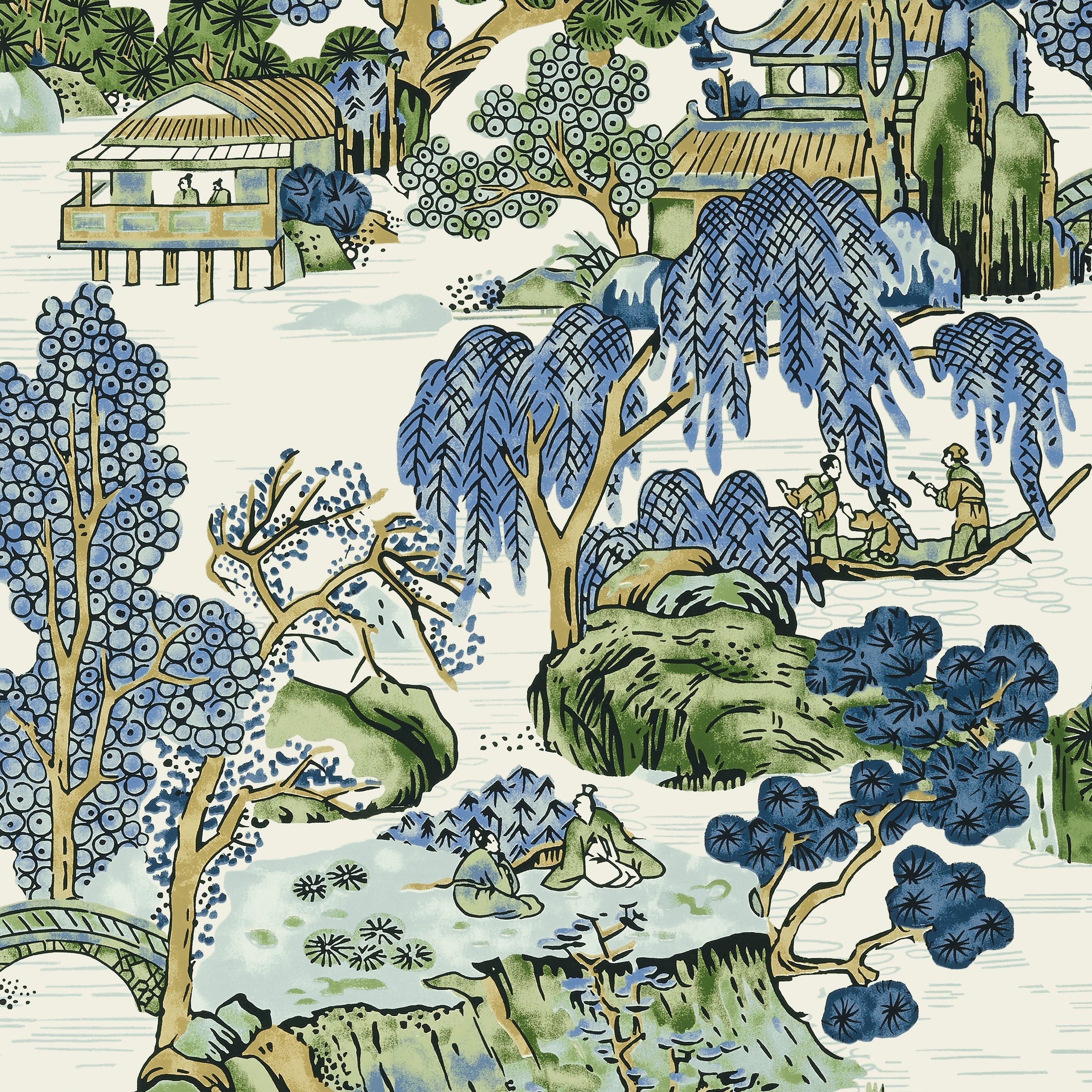 Asian Scenic fabric in blue and green color - pattern number T75462 - by Thibaut in the Dynasty collection