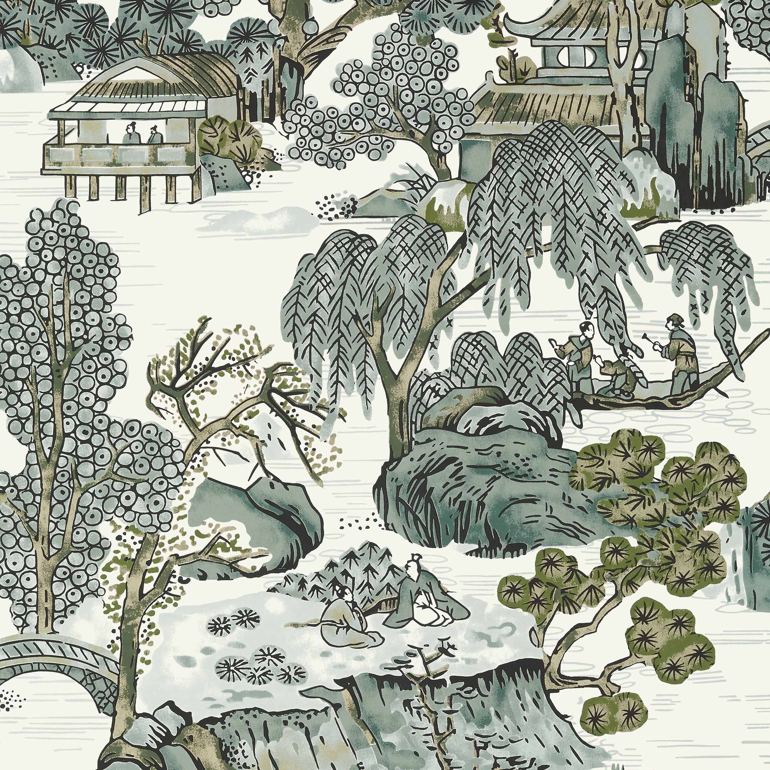 Asian Scenic fabric in grey color - pattern number T75463 - by Thibaut in the Dynasty collection