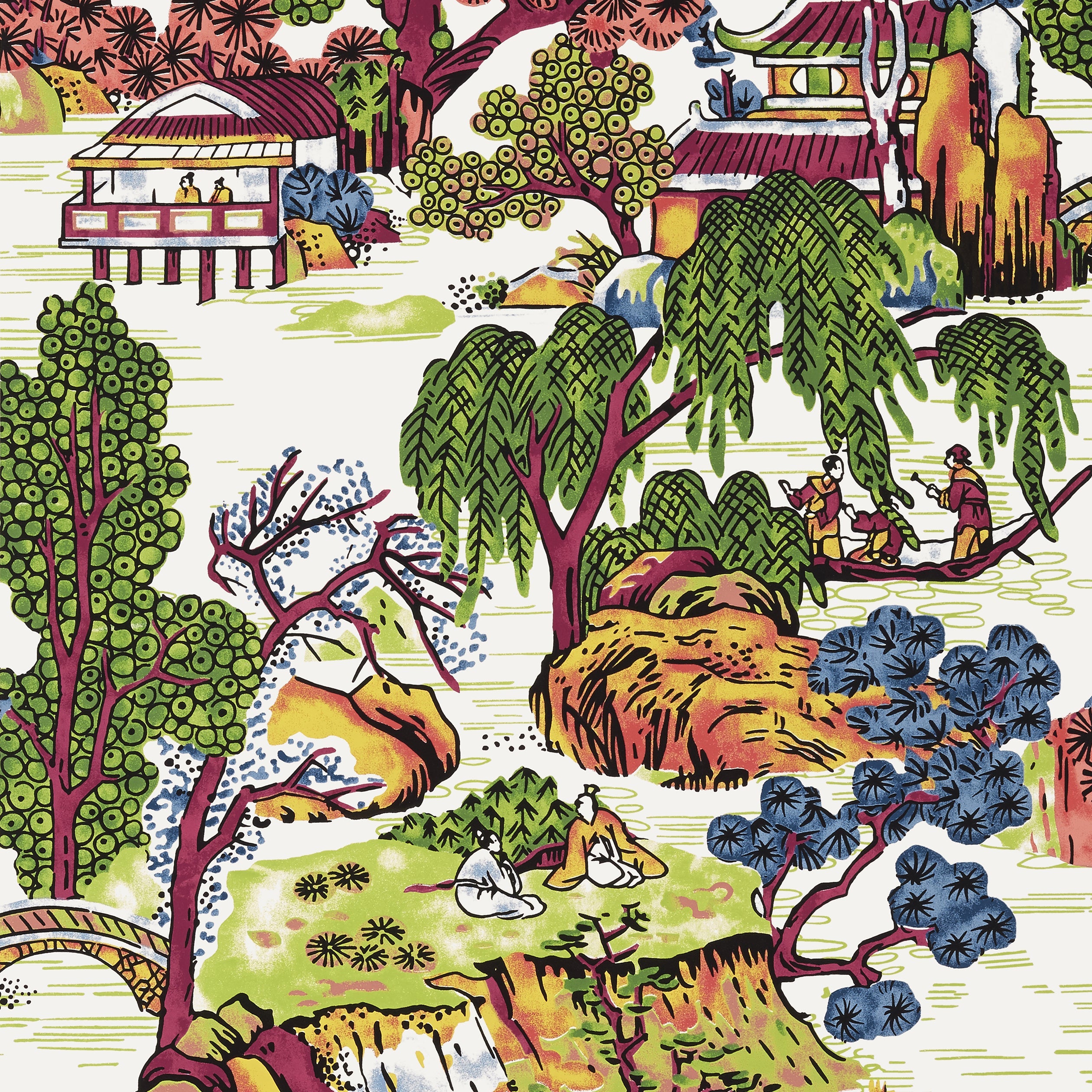 Asian Scenic fabric in coral and green color - pattern number T75464 - by Thibaut in the Dynasty collection