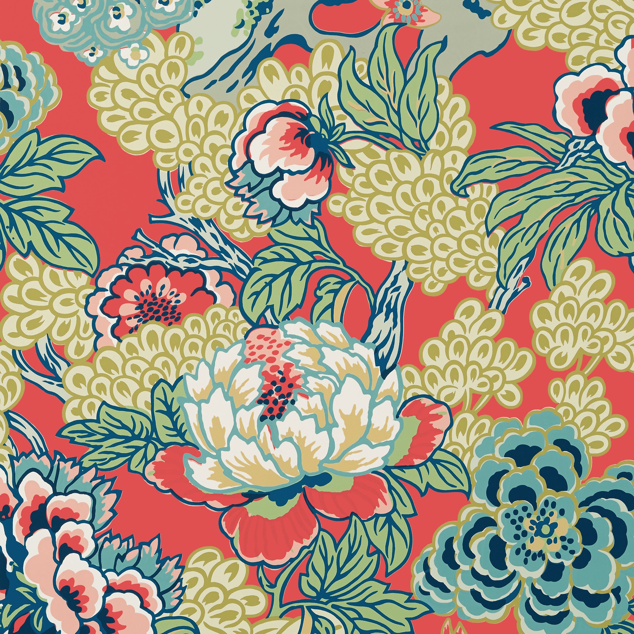 Honshu fabric in coral and green color - pattern number T75490 - by Thibaut in the Dynasty collection