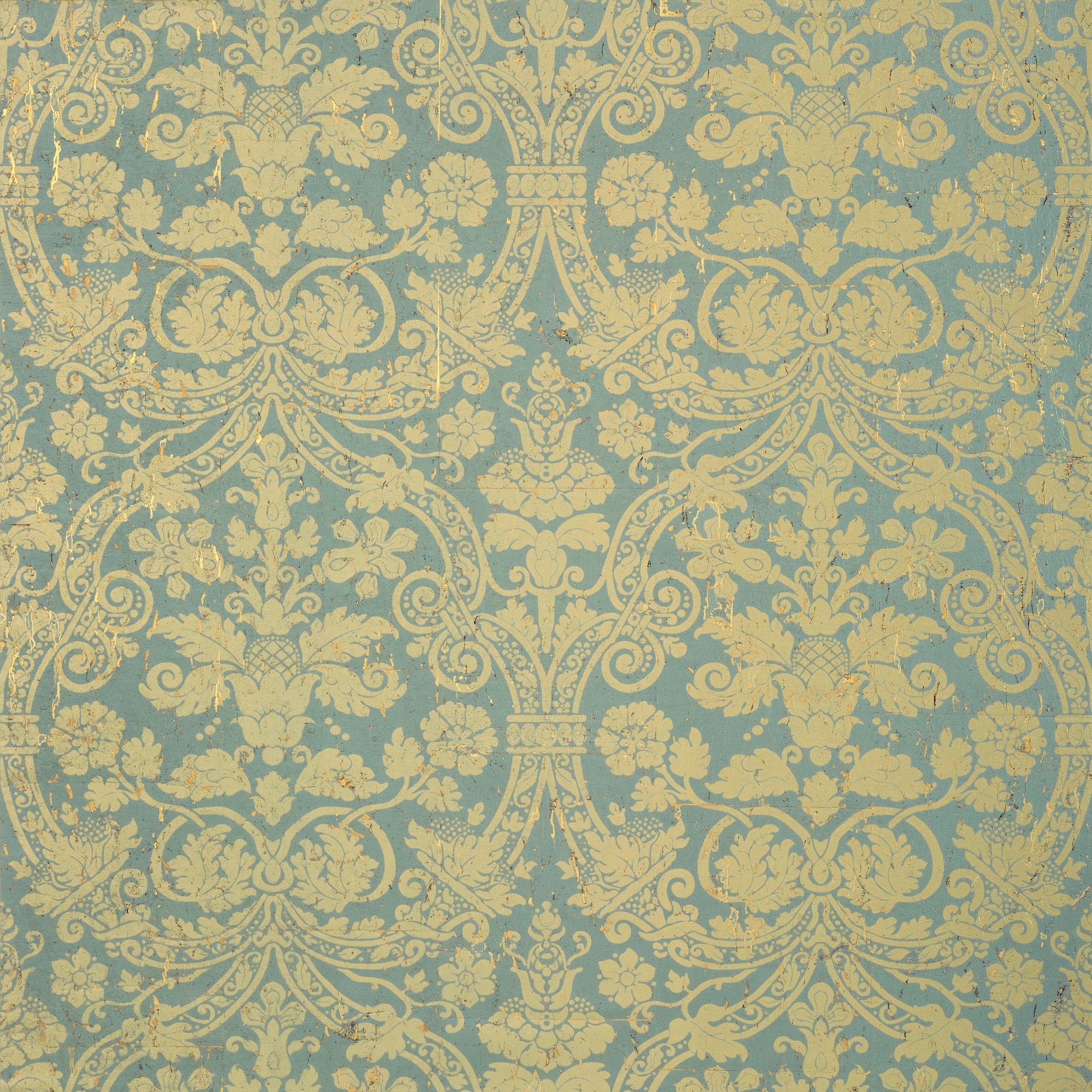 Curtis Damask fabric in metallic gold on aqua color - pattern number T89115 - by Thibaut in the Damask Resource Volume 4 collection