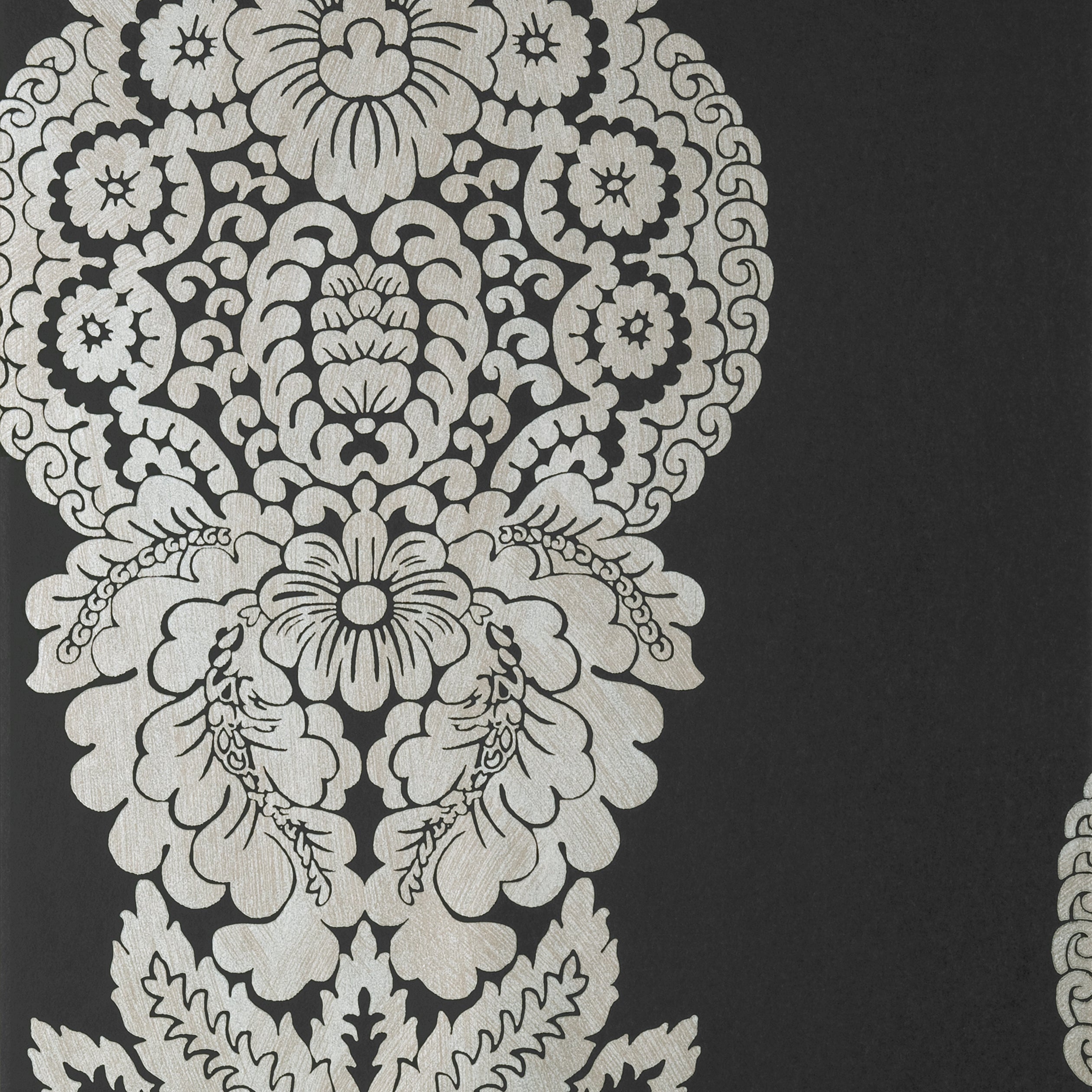 Rowan Damask fabric in silver on black color - pattern number T89132 - by Thibaut in the Damask Resource Volume 4 collection