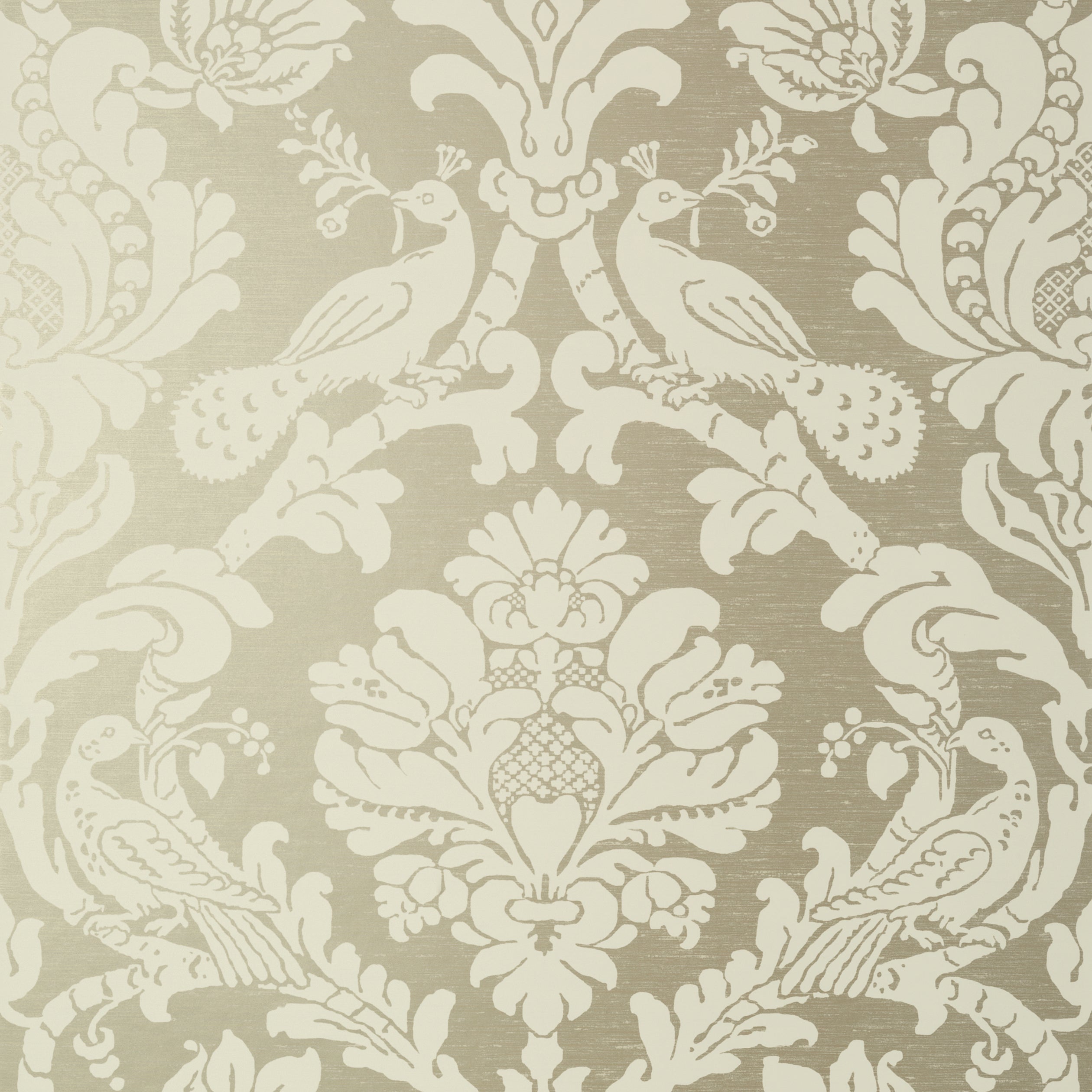 Passaro Damask fabric in cream on metallic pewter color - pattern number T89136 - by Thibaut in the Damask Resource Volume 4 collection