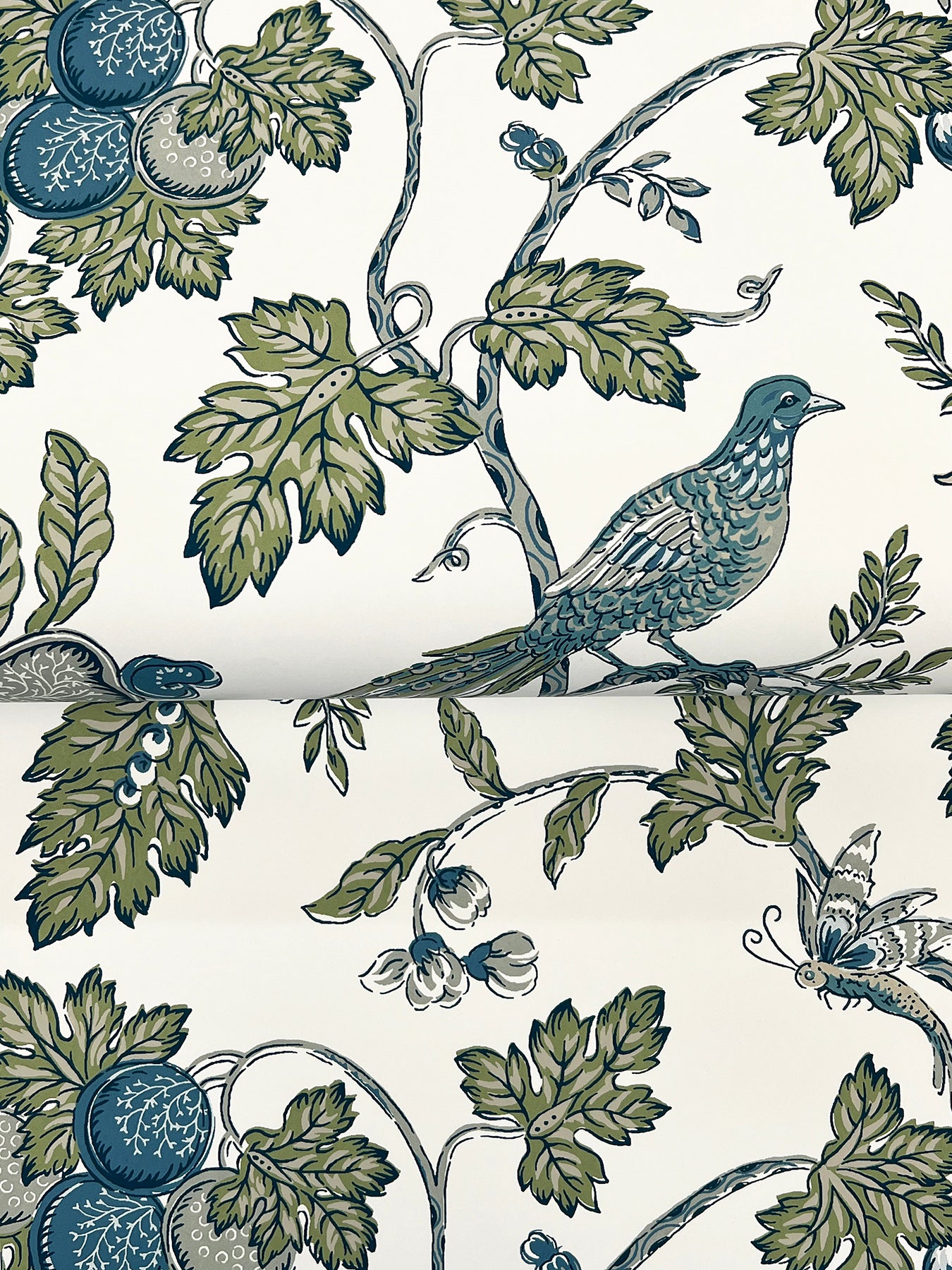 Parterre wallpaper in sage and indigo color - pattern number VP1314 - by Antonina Vella in the Jardin collection