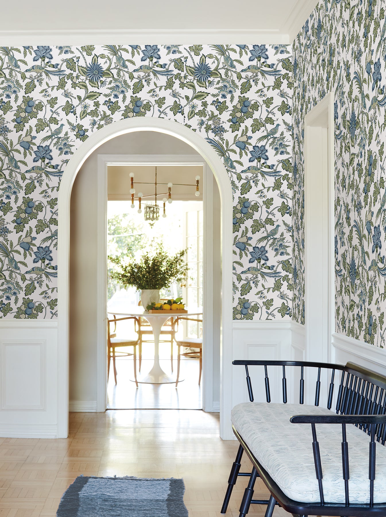 Parterre wallpaper in sage and indigo color - pattern number VP1314 - by Antonina Vella in the Jardin collection