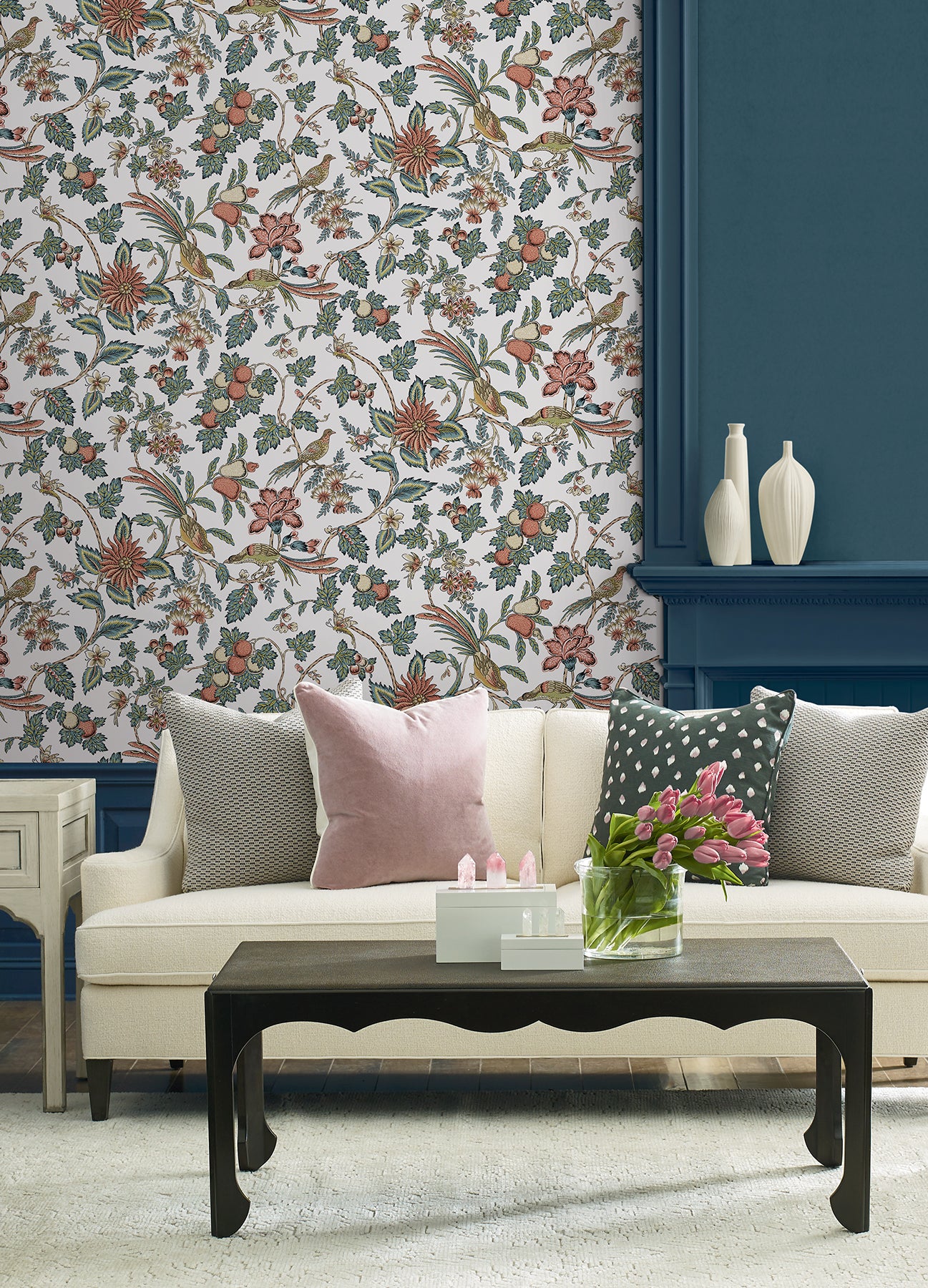 Parterre wallpaper in cornflower and ginger color - pattern number VP1316 - by Antonina Vella in the Jardin collection