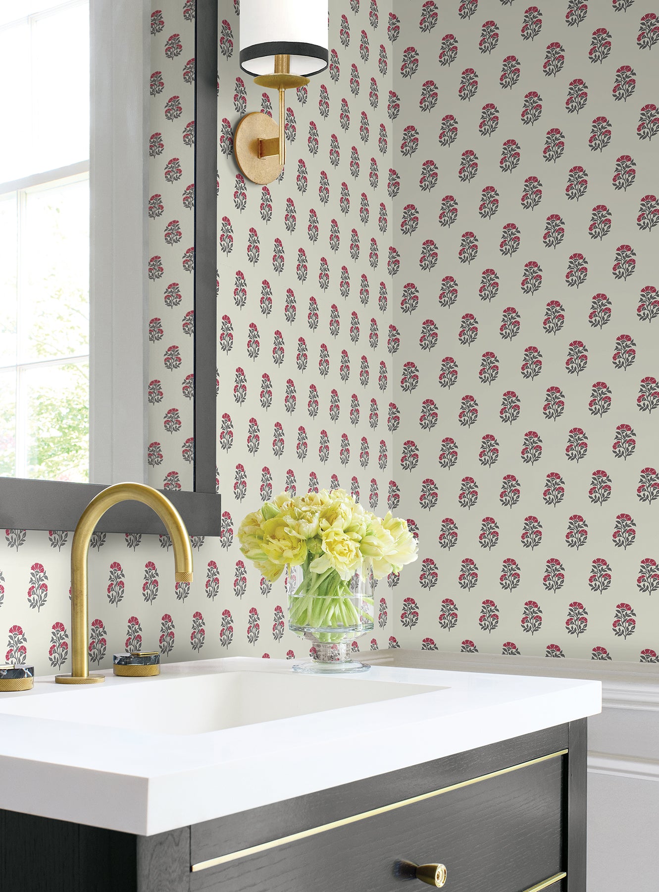 Sylvie wallpaper in red and charcoal color - pattern number VP1381 - by Antonina Vella in the Jardin collection