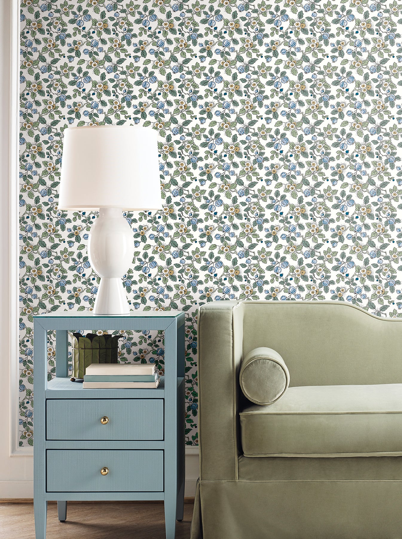 Framboise wallpaper in blue and green color - pattern number VP1413 - by Antonina Vella in the Jardin collection