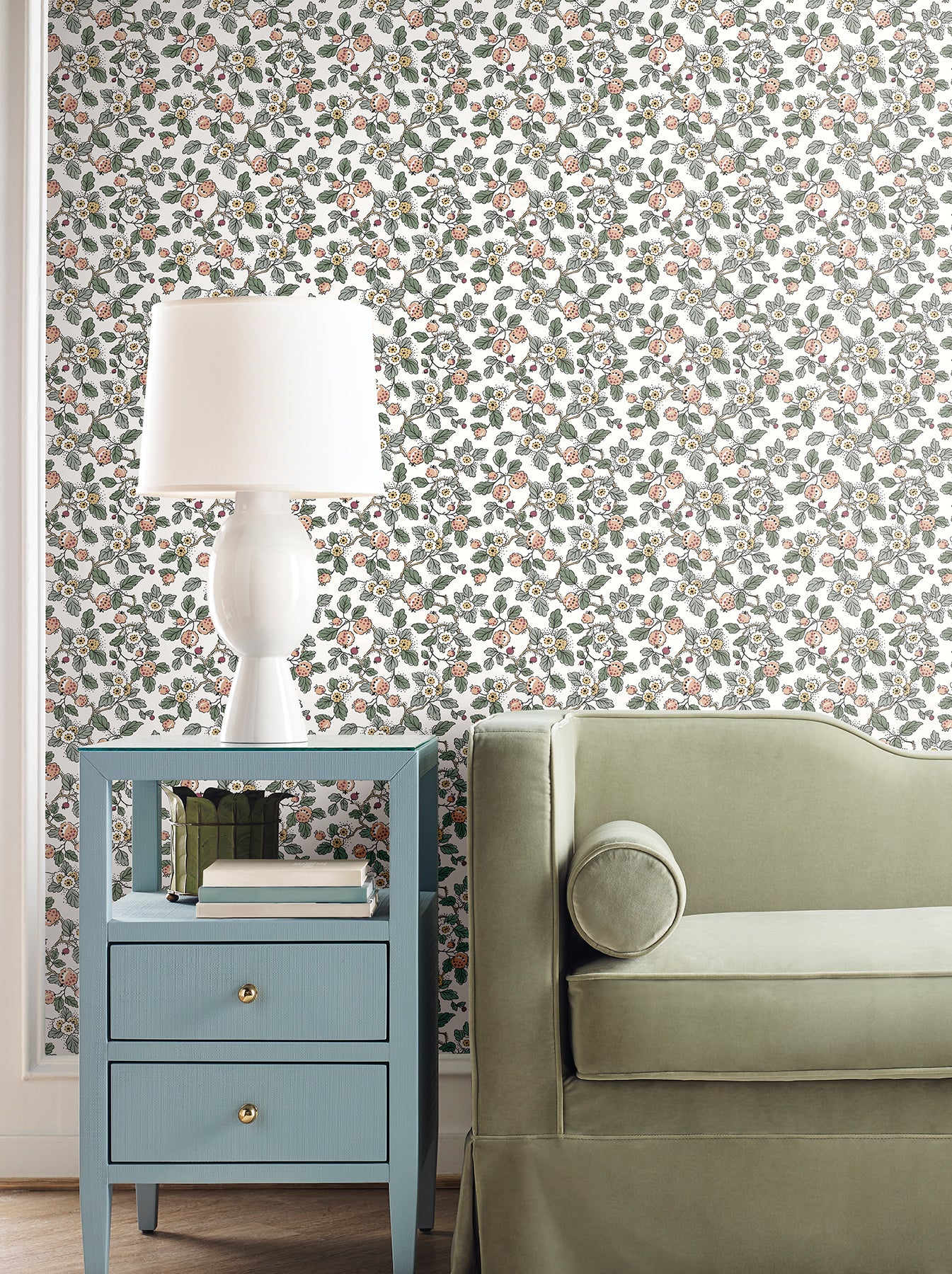 Framboise wallpaper in salmon and eucalyptus color - pattern number VP1414 - by Antonina Vella in the Jardin collection