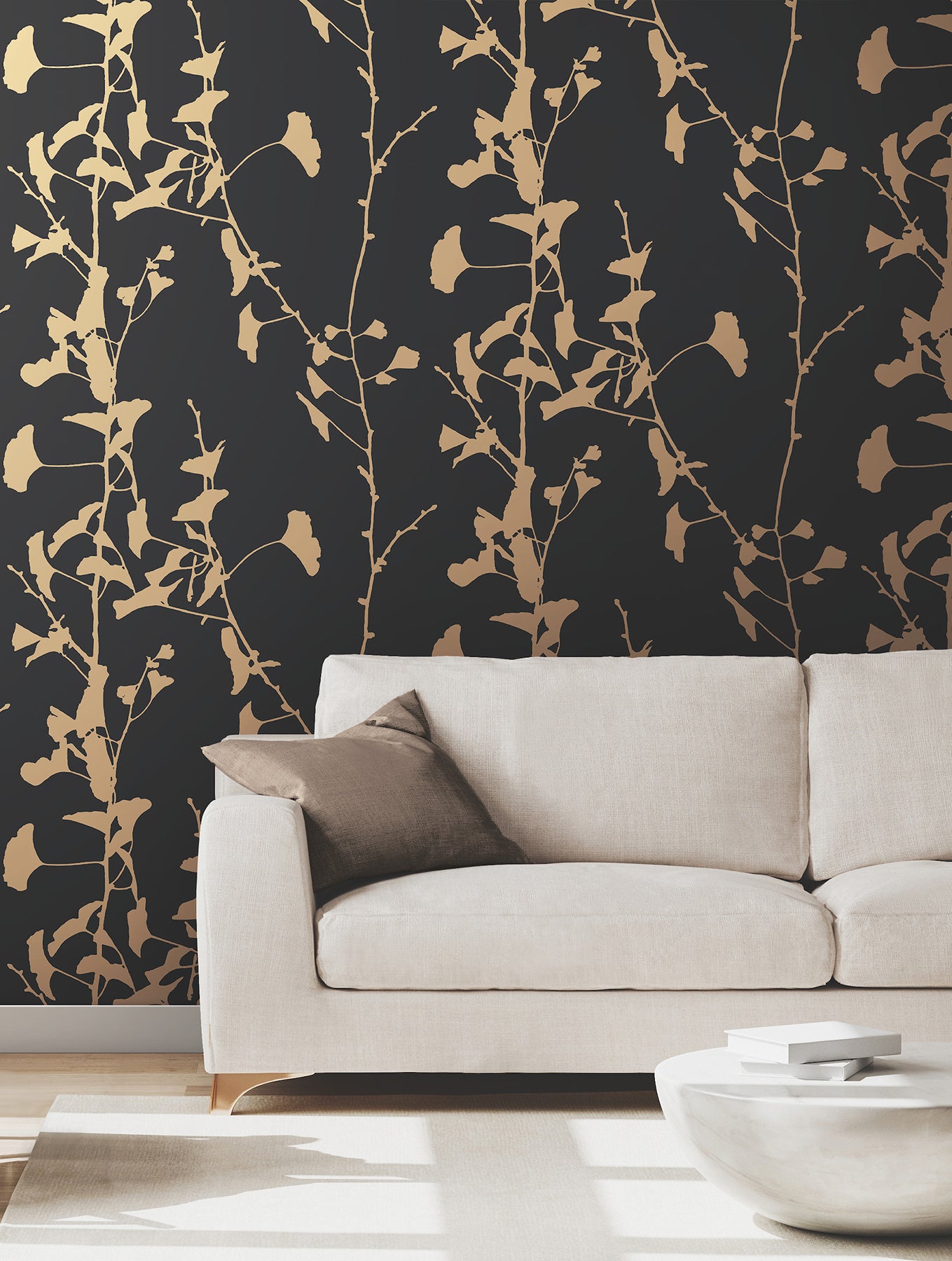Ginkgo Silhouette wallpaper in black & gold color - pattern number VR1512 - by Ronald Redding in the Caviar collection