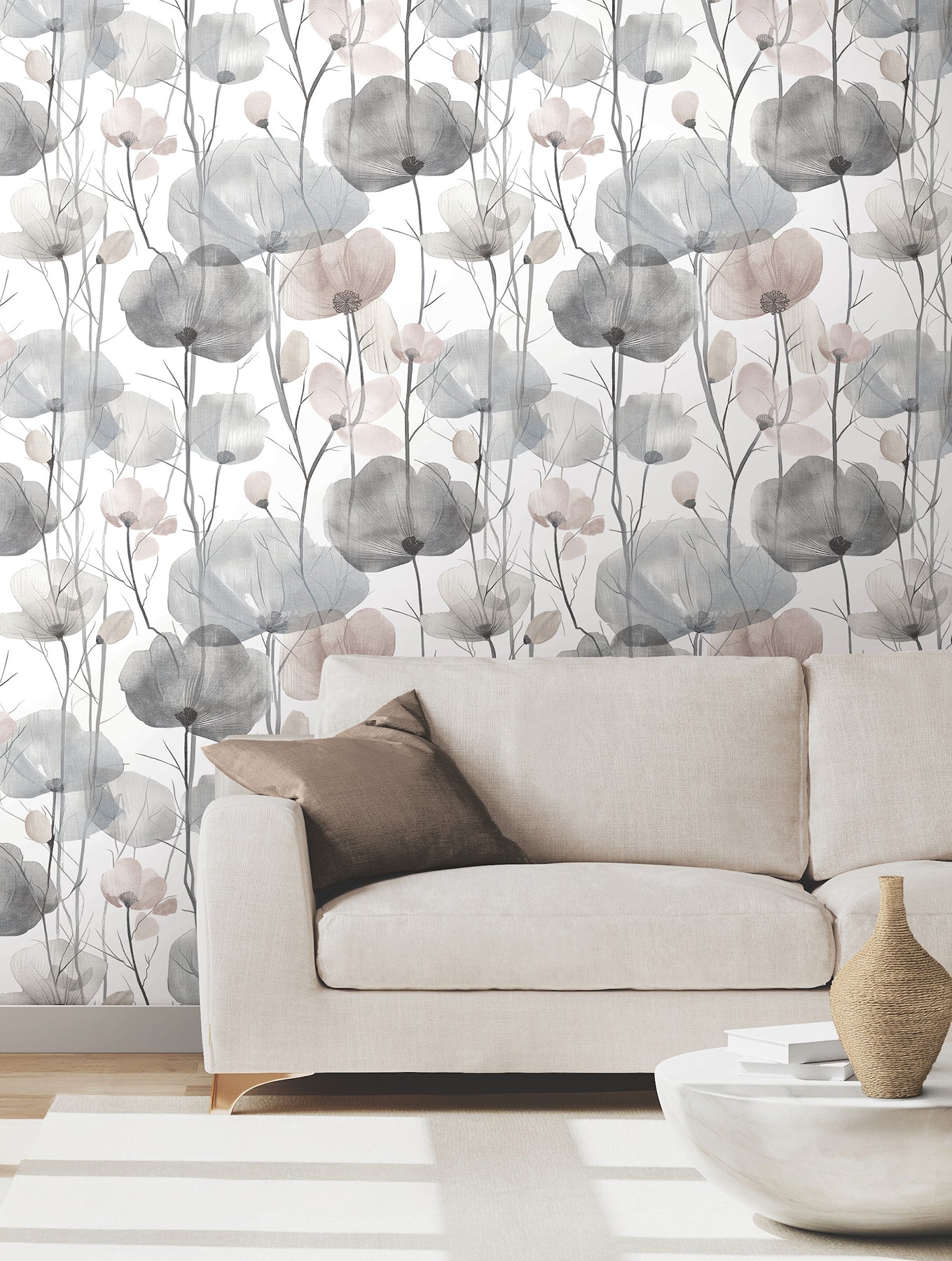 Cotswolds Poppies wallpaper in grey color - pattern number VR1534 - by Ronald Redding in the Caviar collection
