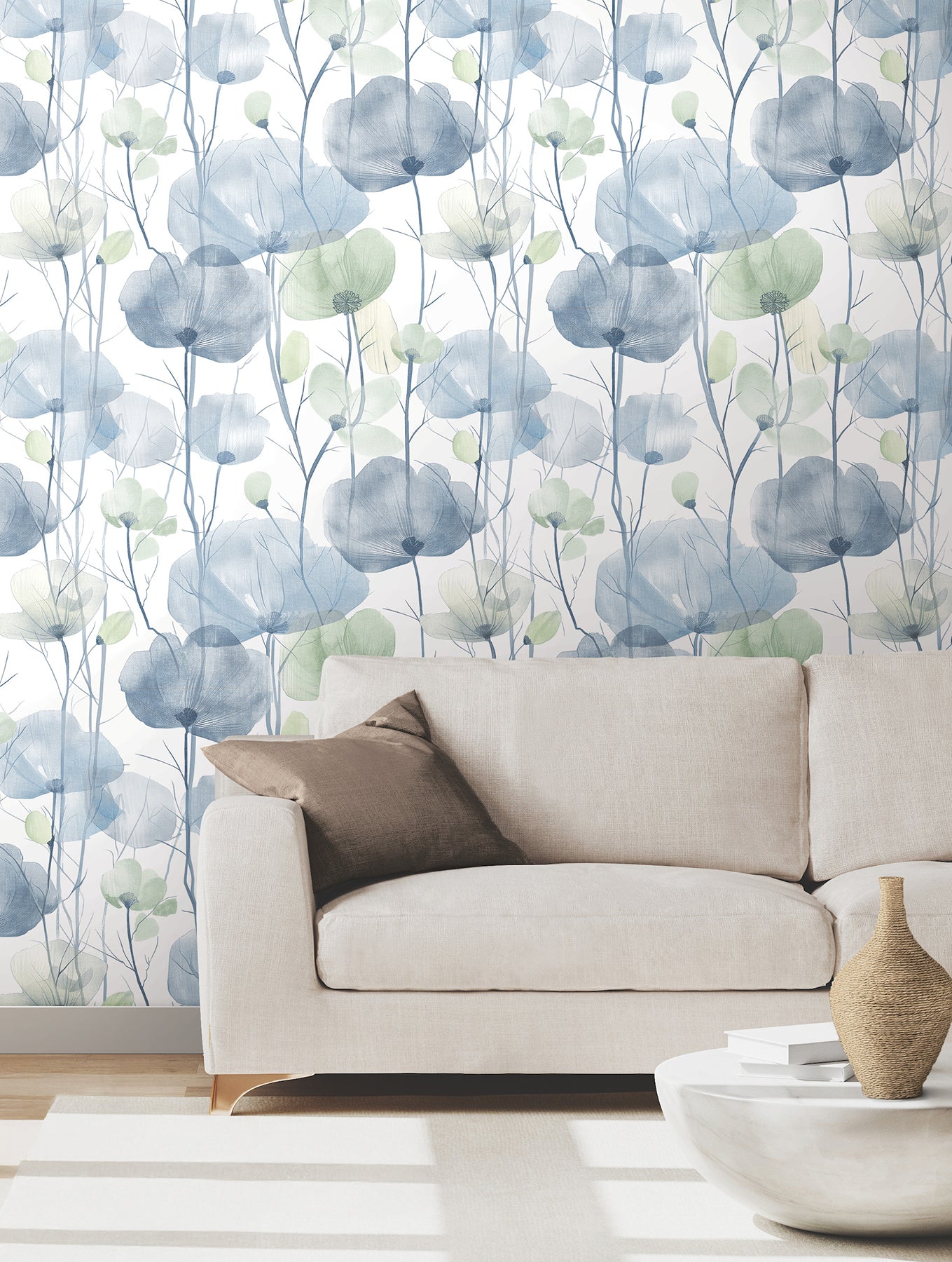 Cotswolds Poppies wallpaper in blue color - pattern number VR1535 - by Ronald Redding in the Caviar collection