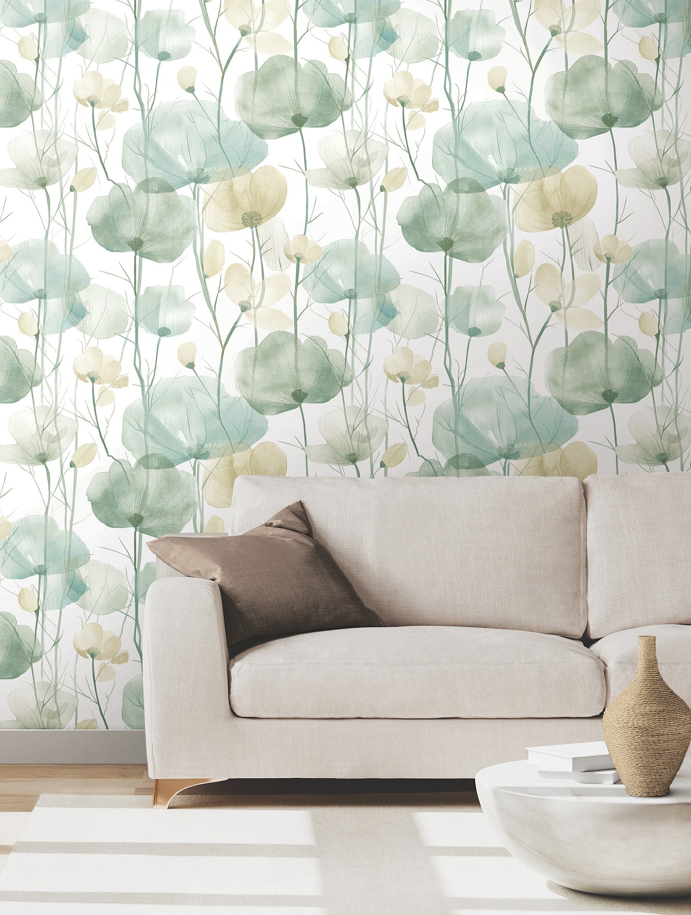 Cotswolds Poppies wallpaper in turquoise color - pattern number VR1539 - by Ronald Redding in the Caviar collection
