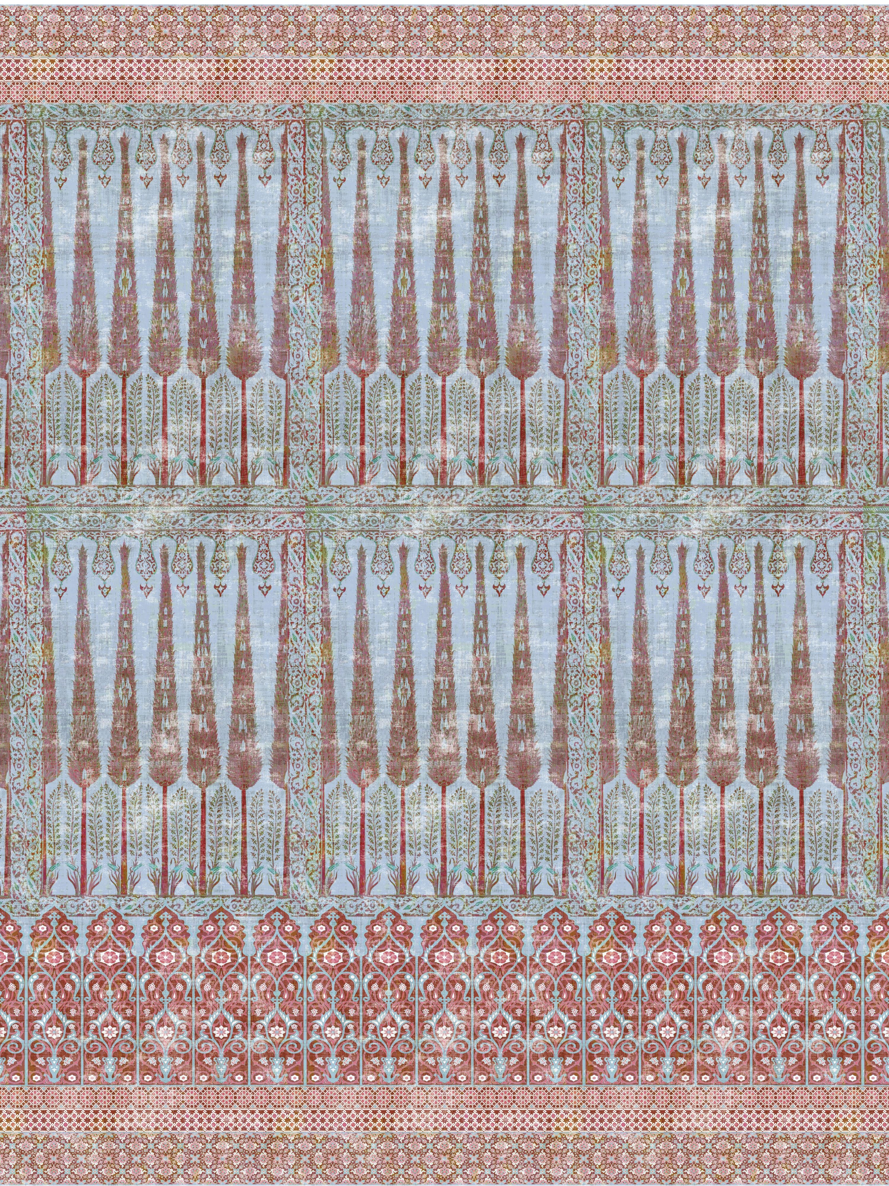 Topkapi Garden wallpaper in panel turquoise red color - pattern number WNM 1047TOPK - by Scalamandre in the collection