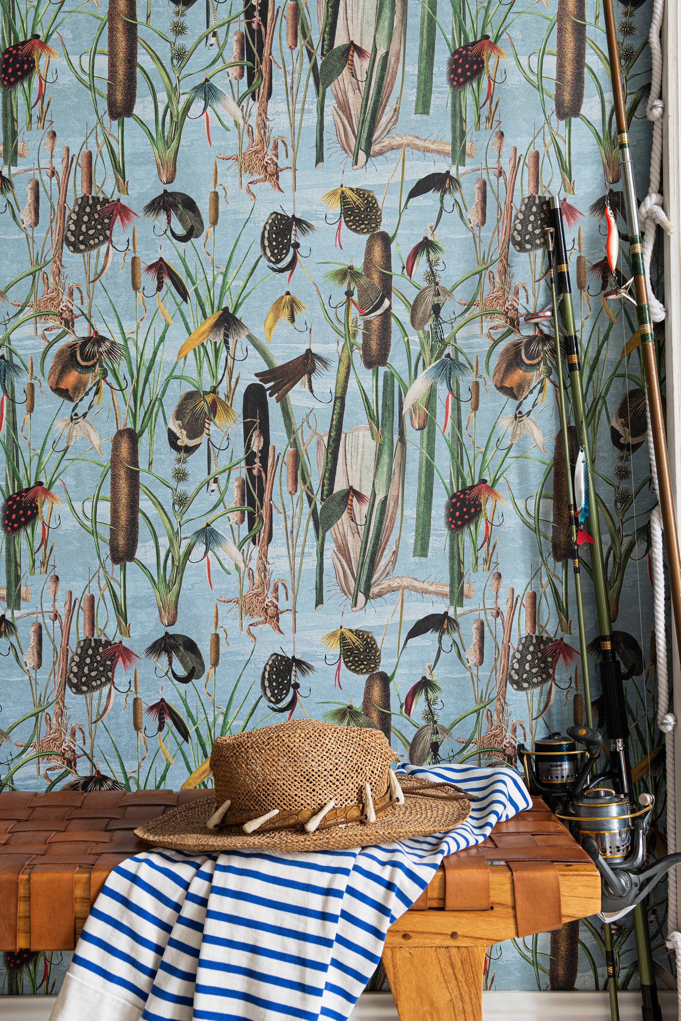 Fishing Flies wallpaper in aquamarine color - pattern number WP20721 - by Mind the Gap in the The Wetlands collection