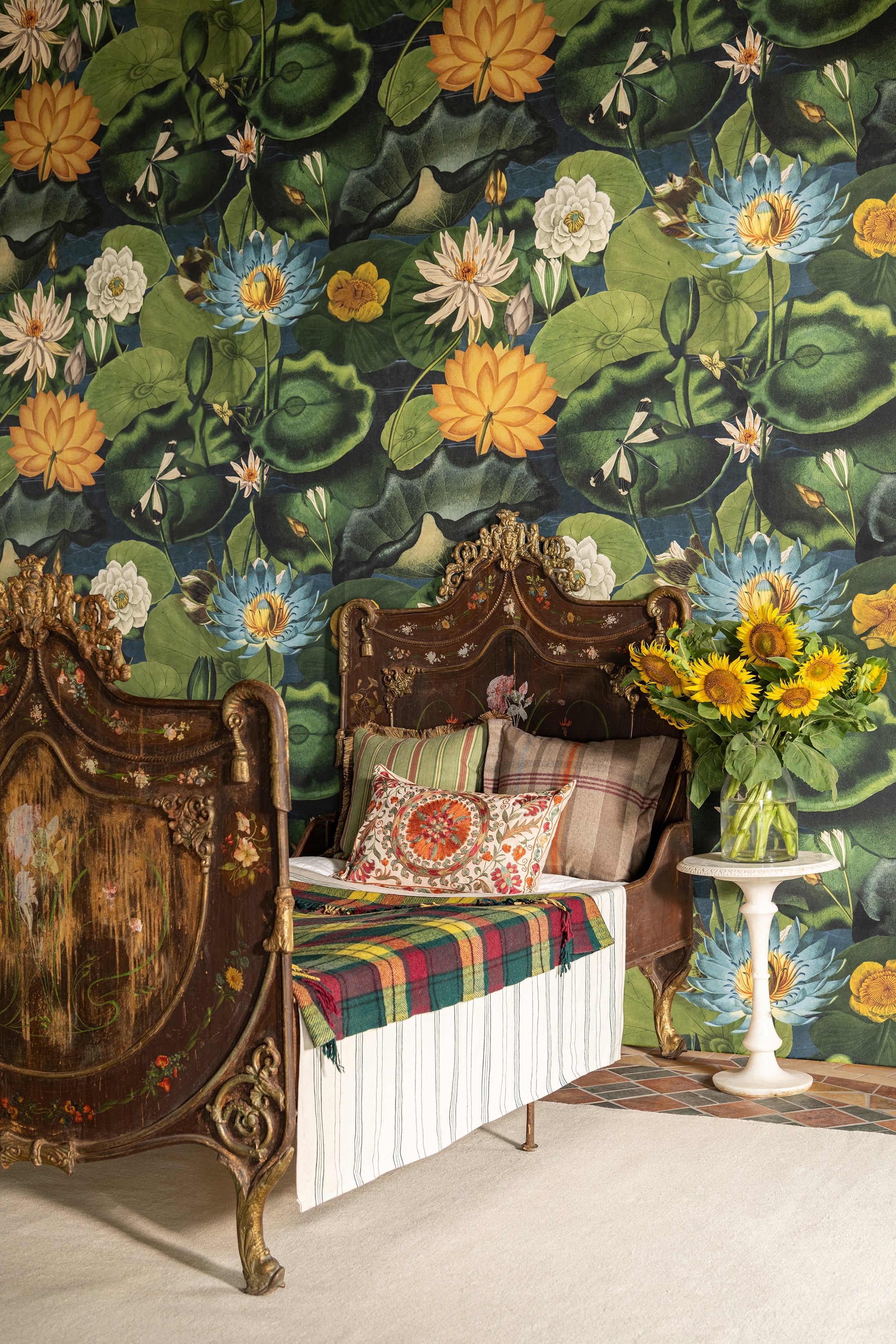 Lotus Blossom wallpaper in green blue color - pattern number WP20723 - by Mind the Gap in the The Wetlands collection