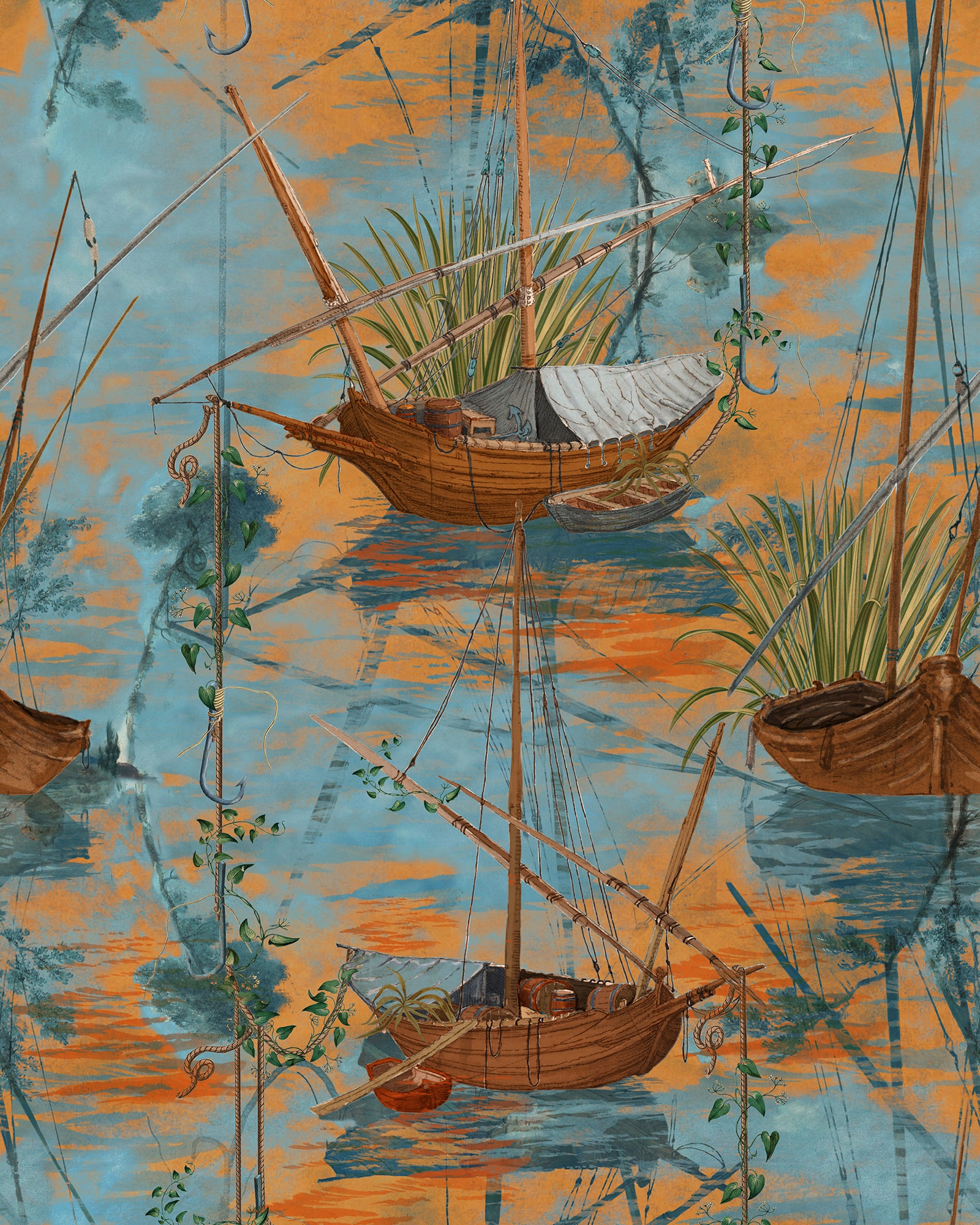 Moored Boats wallpaper in aquarius color - pattern number WP20724 - by Mind the Gap in the The Wetlands collection
