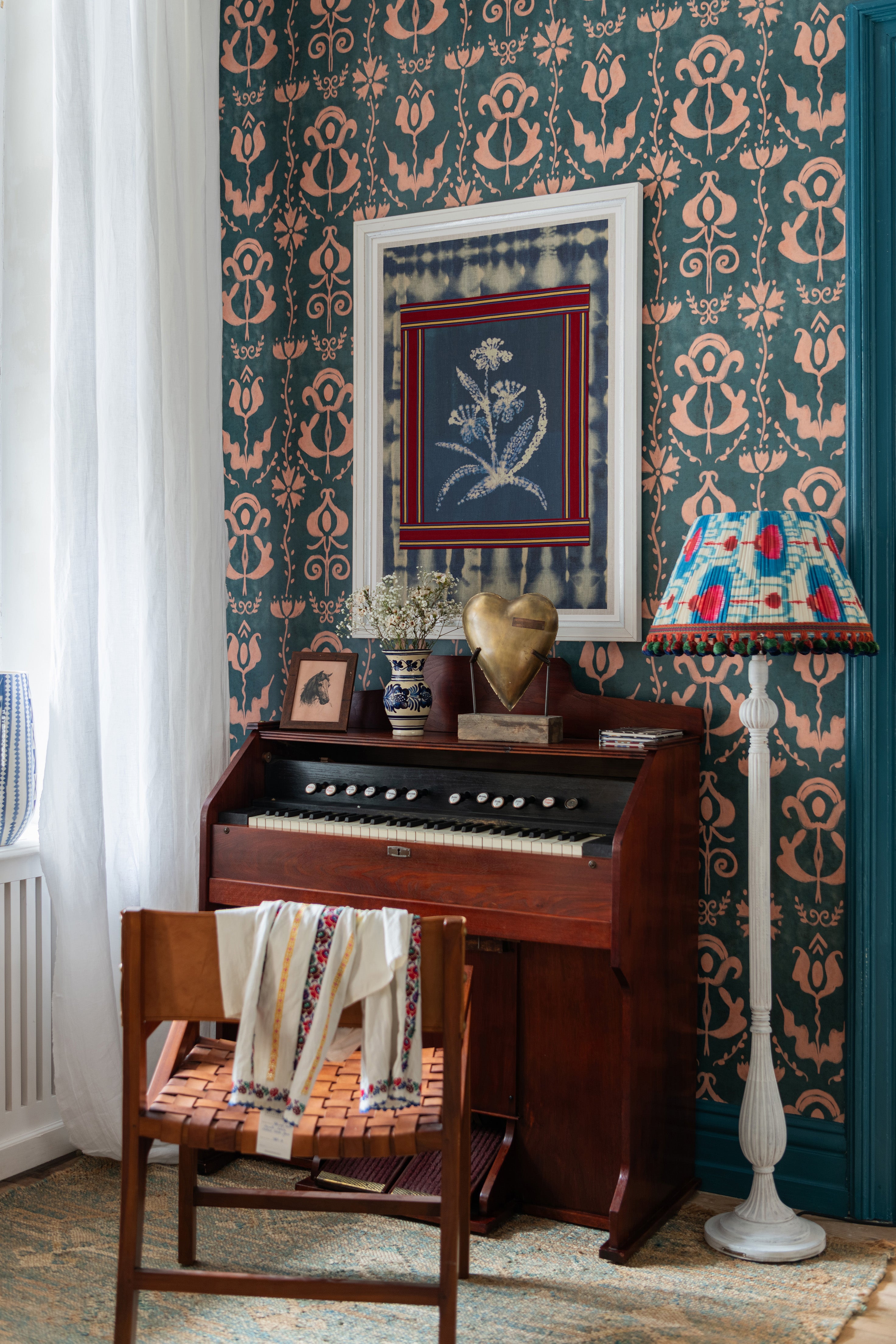 Grandmas Stencil Wallpaper in milky blue color - pattern number WP30276 - by Mind the Gap in the Transylvanian Rhapsody collection