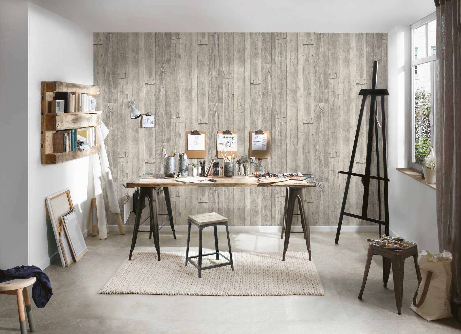 Reclaimed Wood Effect Motif wallpaper in beige color - pattern number WW22212 - by Galerie in the The Woods and Wicker collection