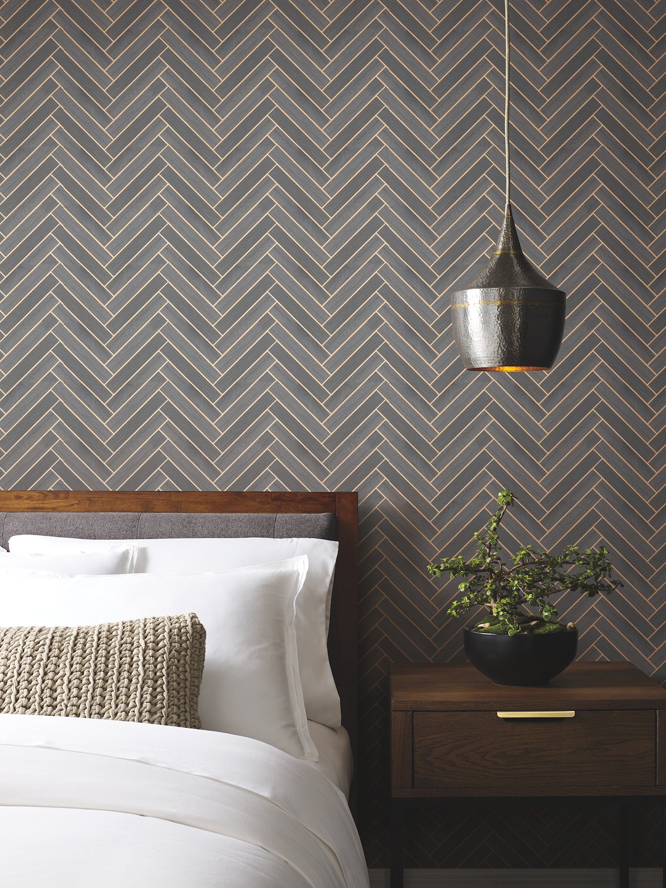 Herringbone Wood Veneer wallpaper in graphite color - pattern number YGL7074 - by Ronald Redding in the Natural Palette Resource collection