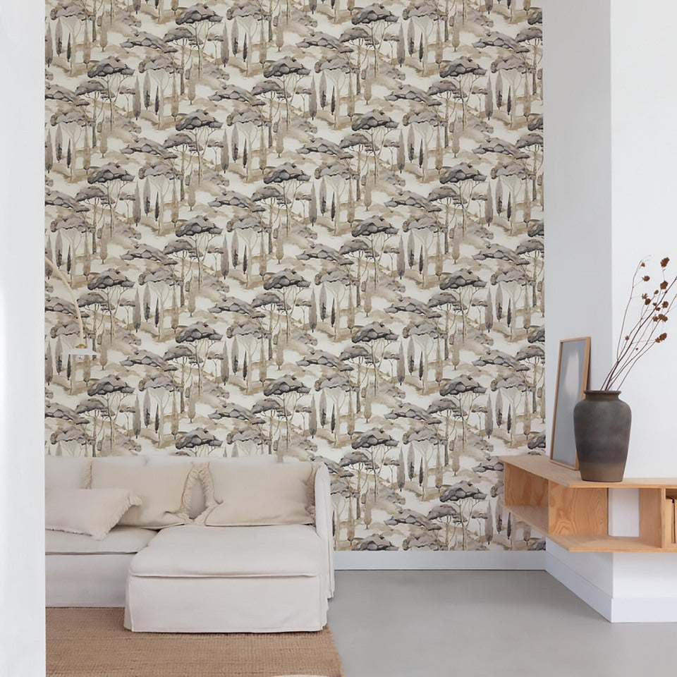 Branched Leaves Motive Wallpaper in black color - pattern number ARA69201 - by Grandeco in the Arcadia collection