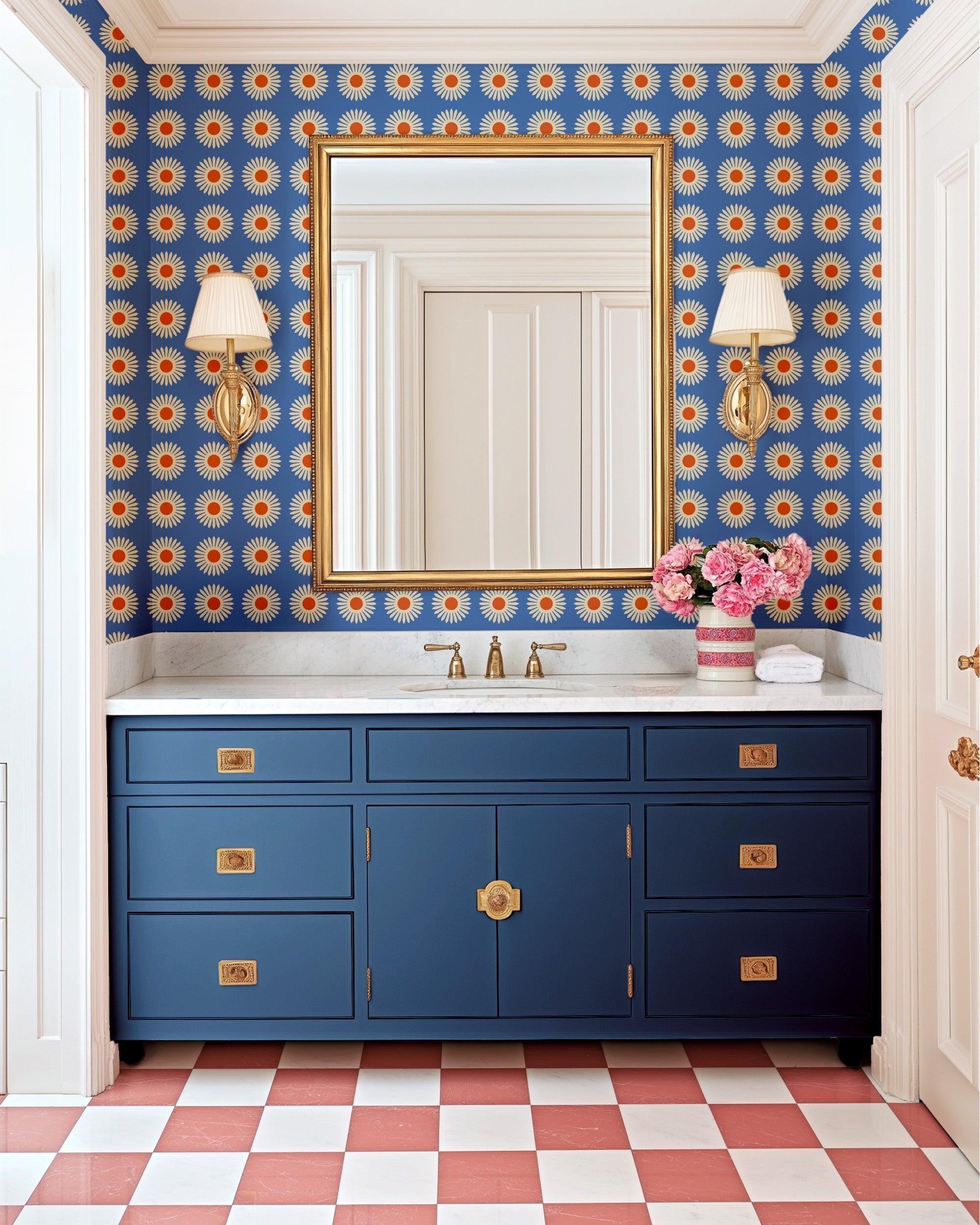 American Daisy Peel and Stick Wallpaper in blue red color - pattern number KK713_Blue_KH306 - by Katie Kime in the collection