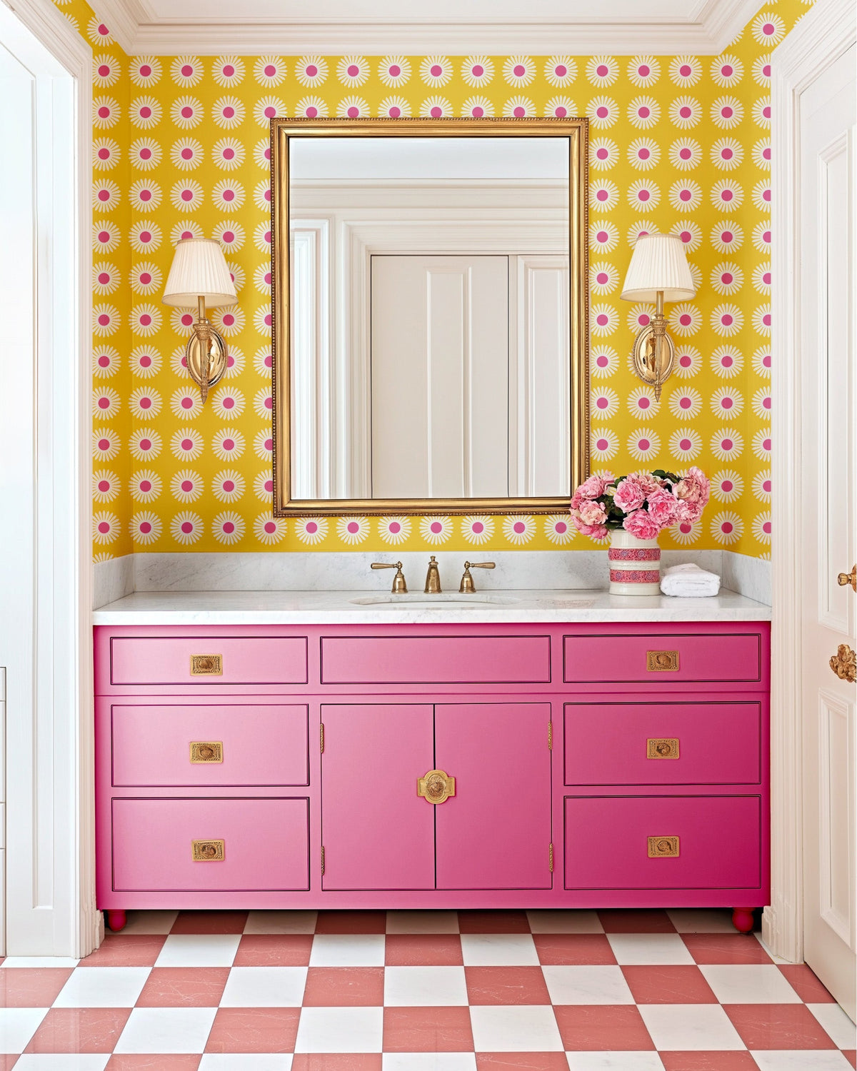 American Daisy Peel and Stick Wallpaper in Yellow Pink color - pattern number KK713_Yellow_Pink_KH306 - by Katie Kime in the collection