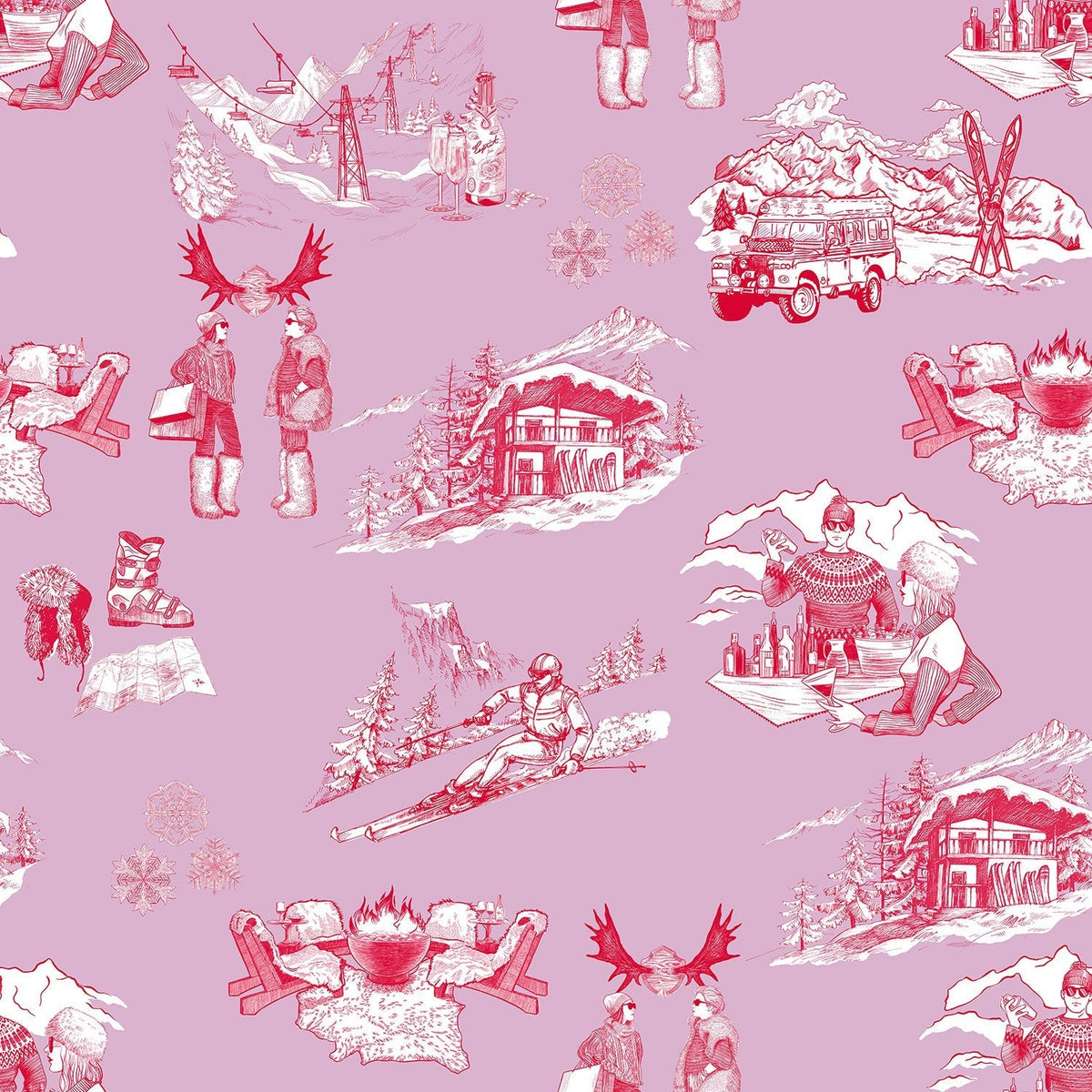 Apres Ski Toile Peel and Stick Wallpaper in Lilac Cranberry color - pattern number KK181_Lilac_Cranberry_KH306 - by Katie Kime in the collection