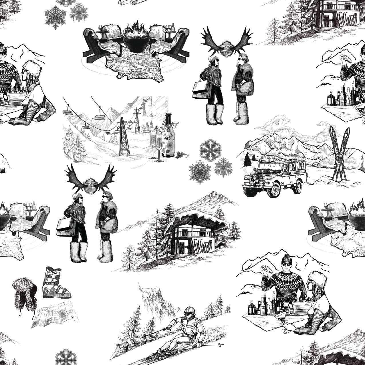 Apres Ski Toile Wallpaper in Black color - pattern number KK181_Black_KH300 - by Katie Kime in the collection