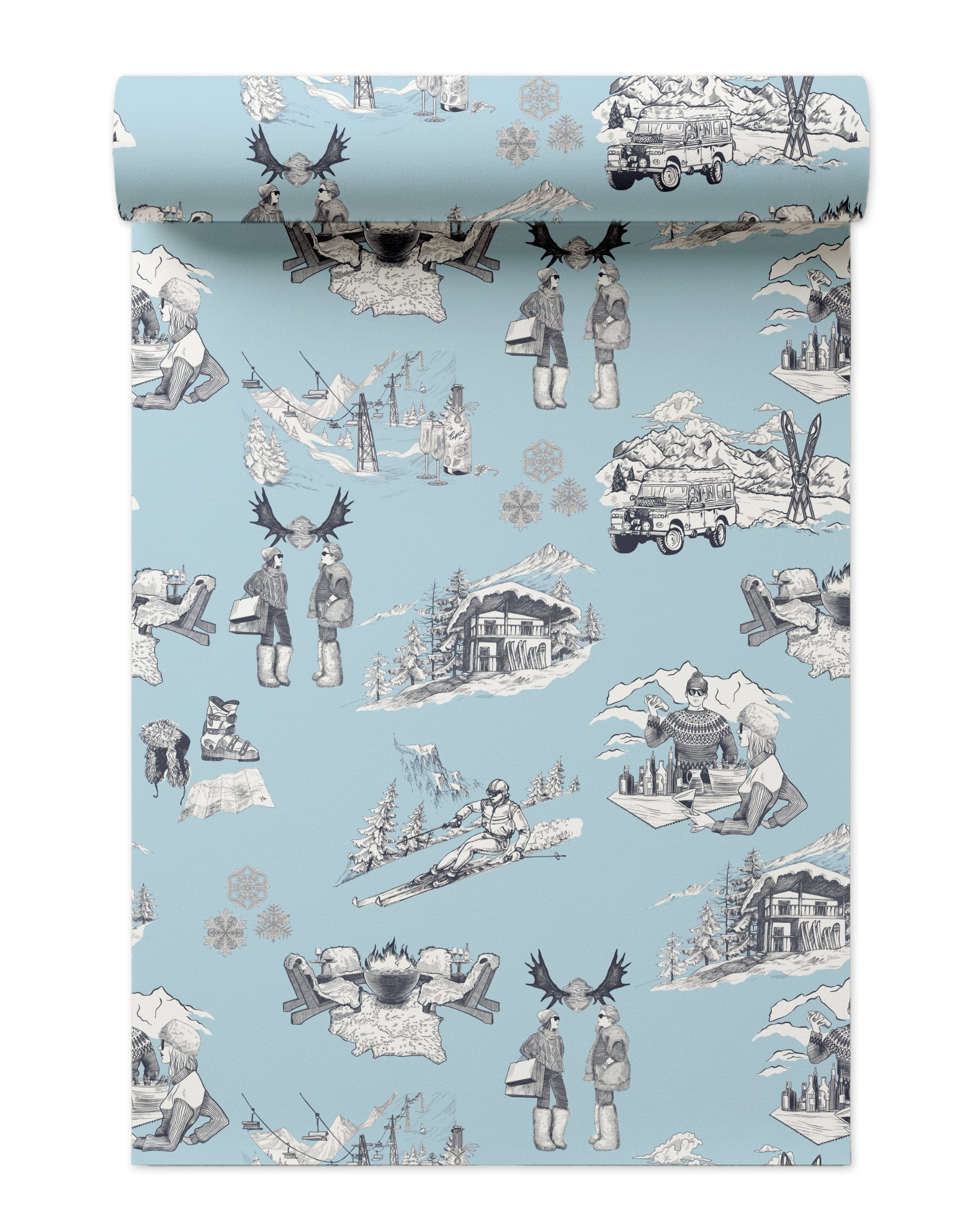 Après Ski Toile Peel and Stick Wallpaper in light blue navy color - pattern number KK181_Light_Blue_Navy_KH306 - by Katie Kime in the collection