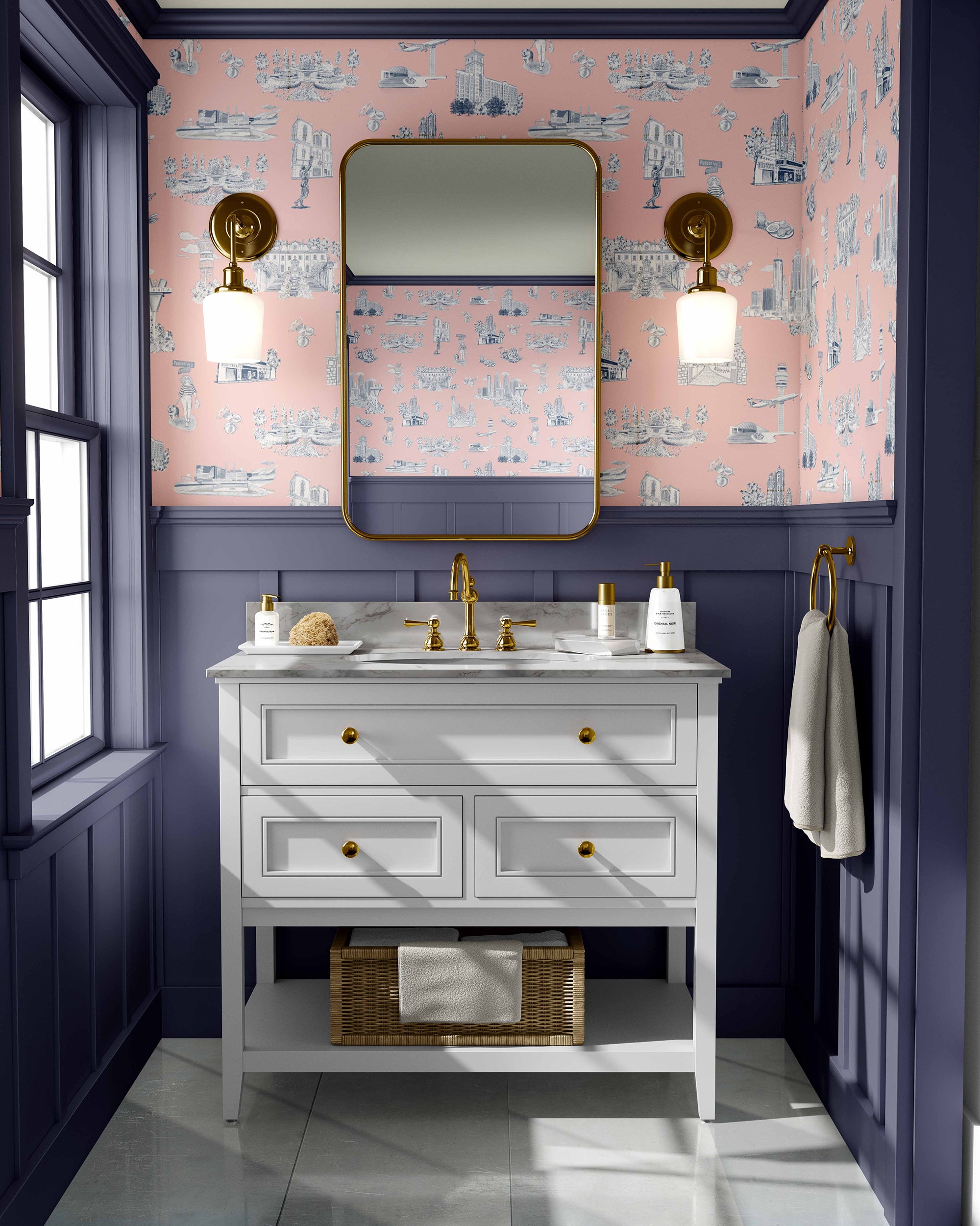 Atlanta Toile Wallpaper in pink navy color - pattern number KK761_Pink_Navy_KH300 - by Katie Kime in the collection