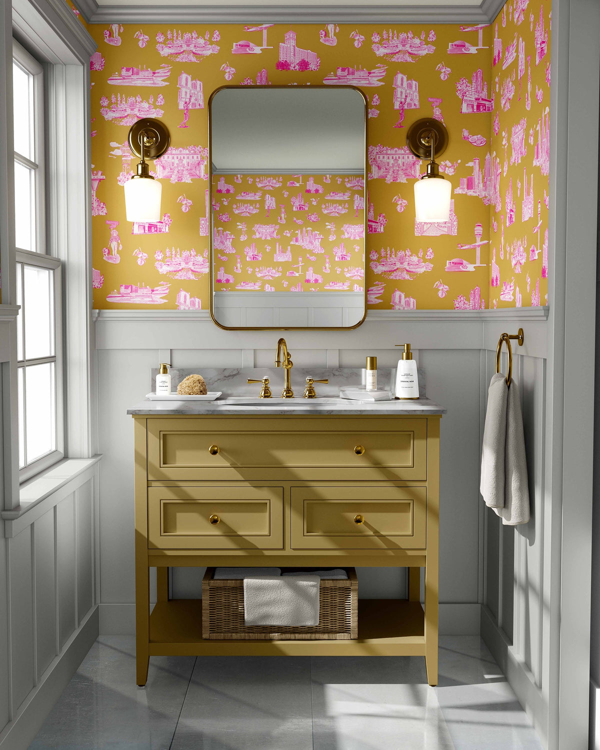 Atlanta Toile Wallpaper in Gold Pink color - pattern number KK761_Gold_Pink_KH300 - by Katie Kime in the collection