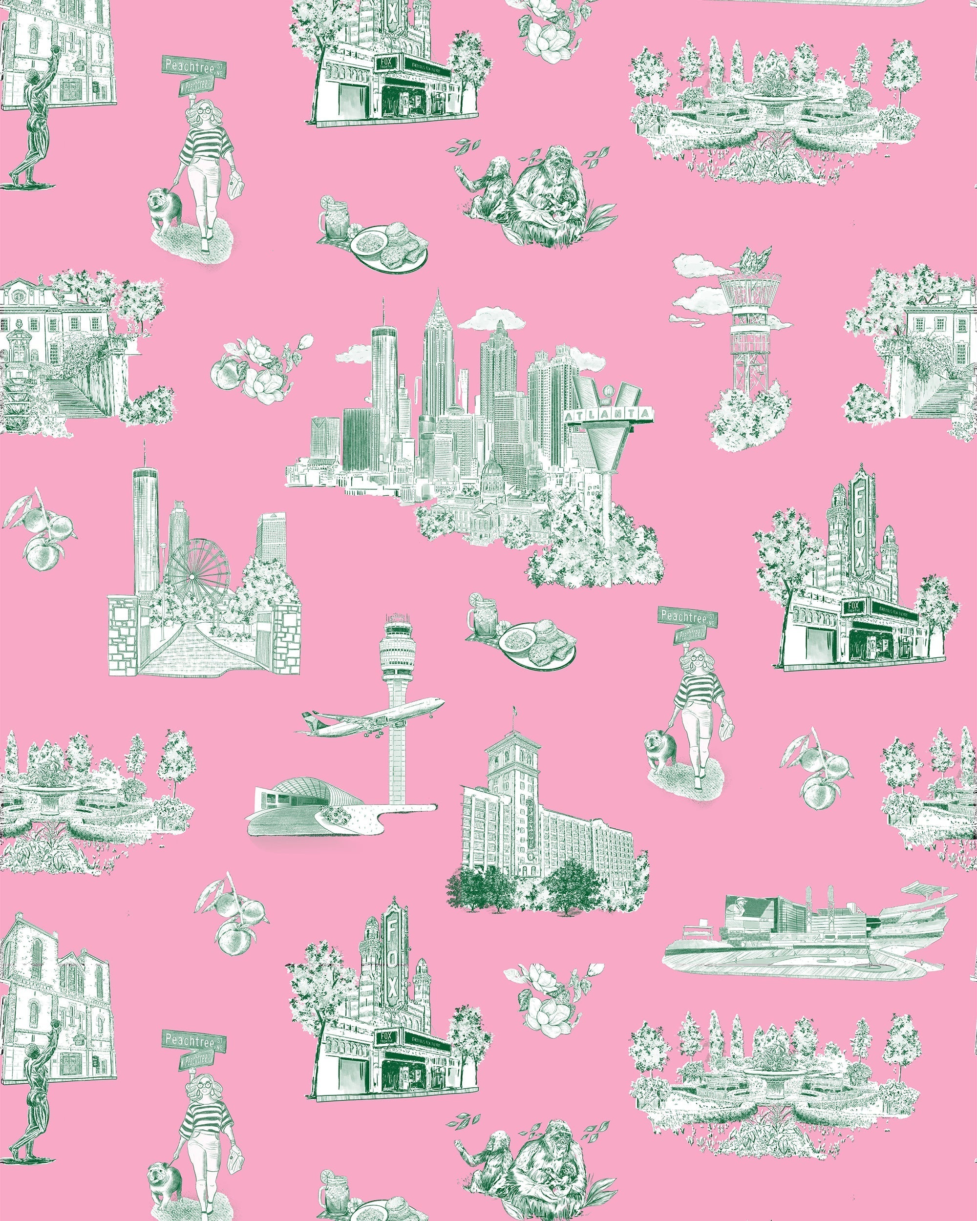 Atlanta Toile Wallpaper in pink green color - pattern number KK761_Pink_Green_KH300 - by Katie Kime in the collection