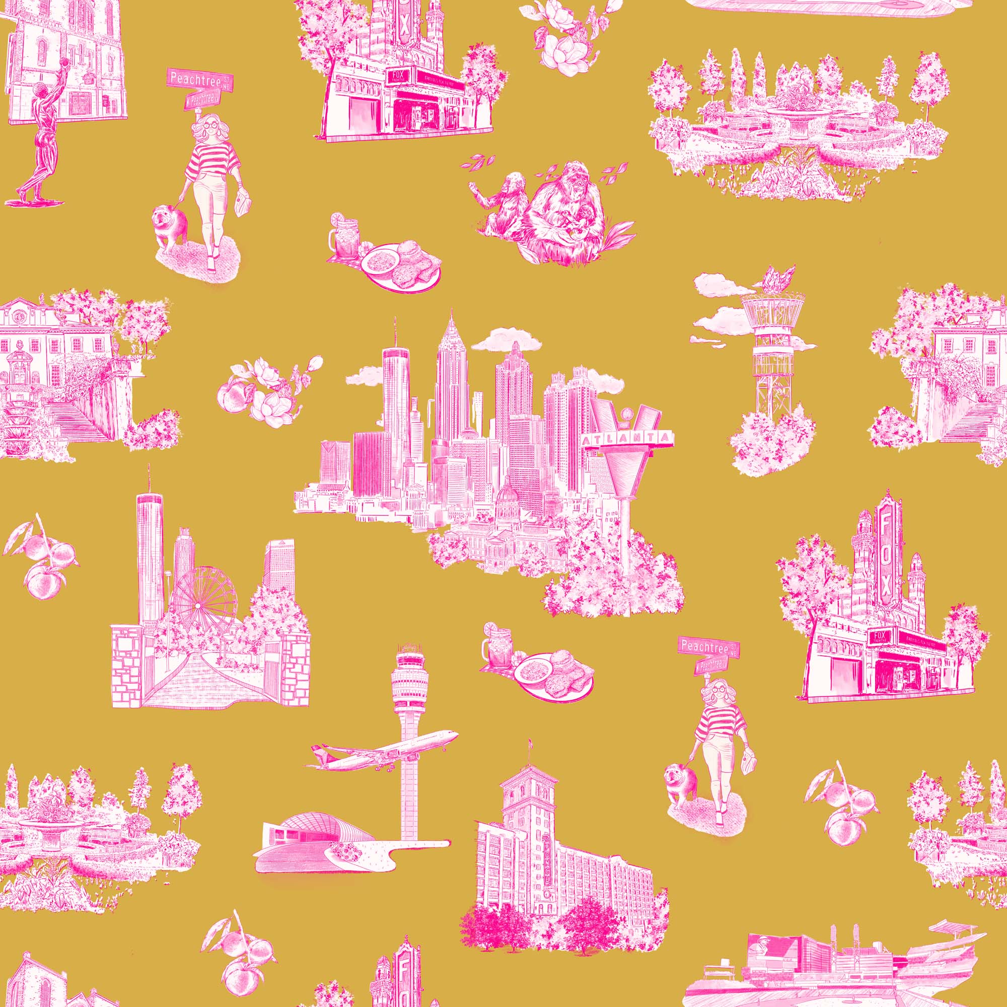 Atlanta Toile Wallpaper in gold pink color - pattern number KK761_Gold_Pink_KH300 - by Katie Kime in the collection