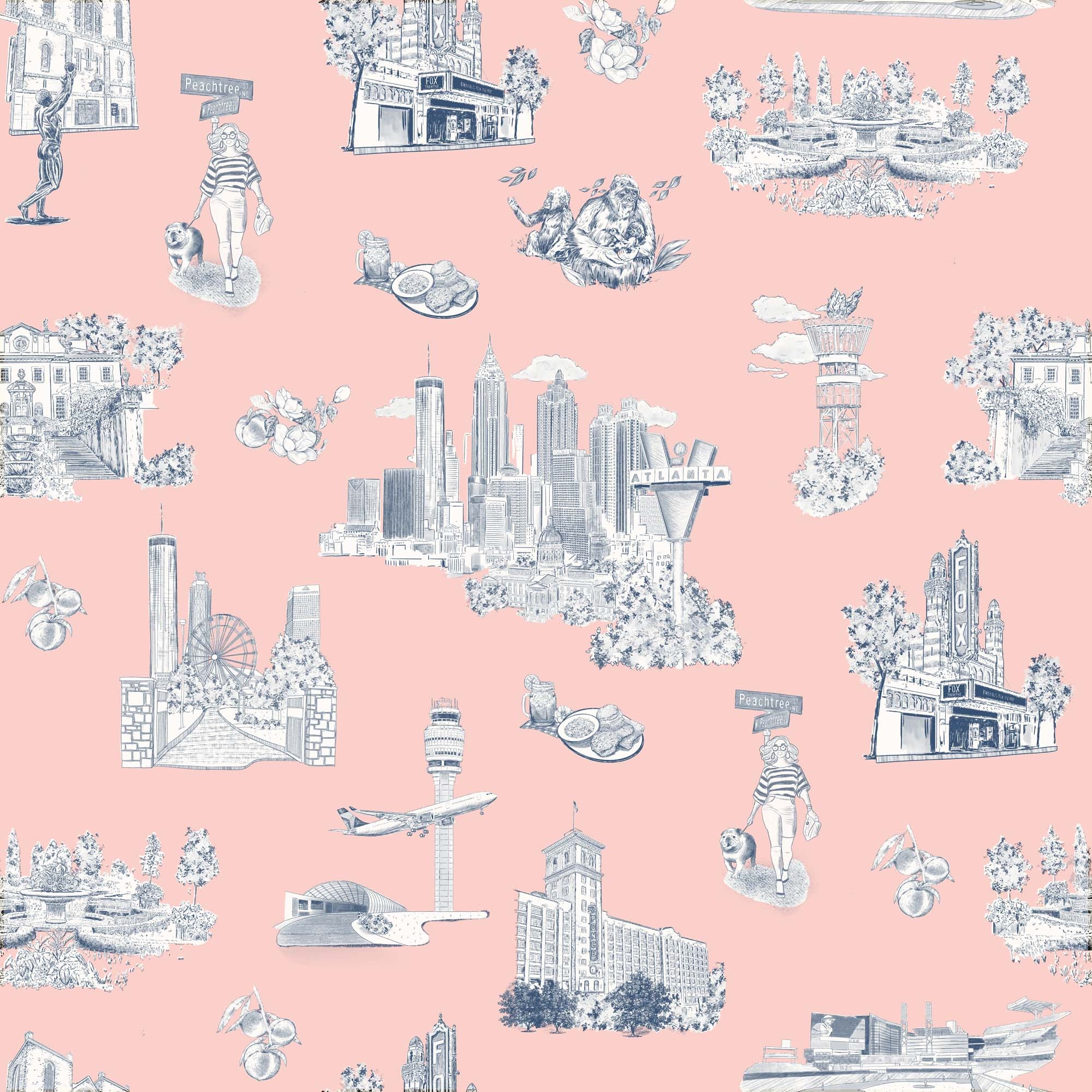 Atlanta Toile Peel and Stick Wallpaper in pink navy color - pattern number KK761_Pink_Navy_KH306 - by Katie Kime in the collection