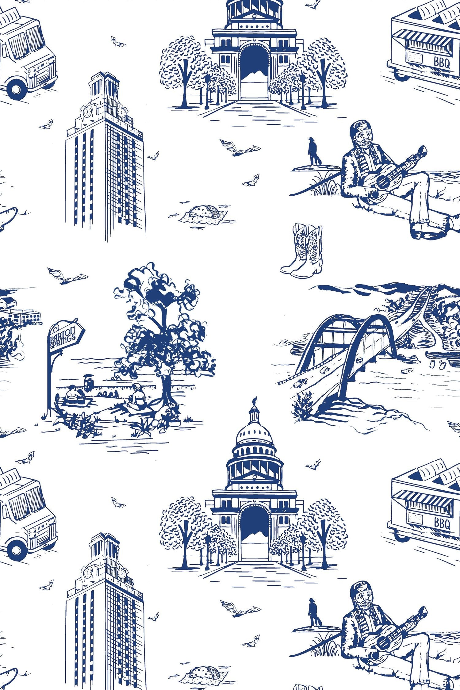 Austin Toile Wallpaper in Navy color - pattern number KK17121_Navy_KH300 - by Katie Kime in the collection
