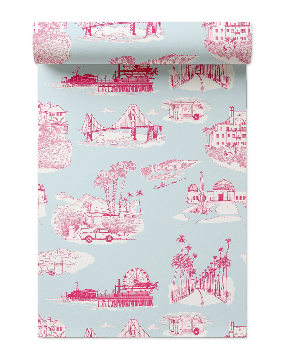 California Toile Peel and Stick Wallpaper in Light Blue Pink color - pattern number KK707_Light_Blue_Pink_KH306 - by Katie Kime in the collection
