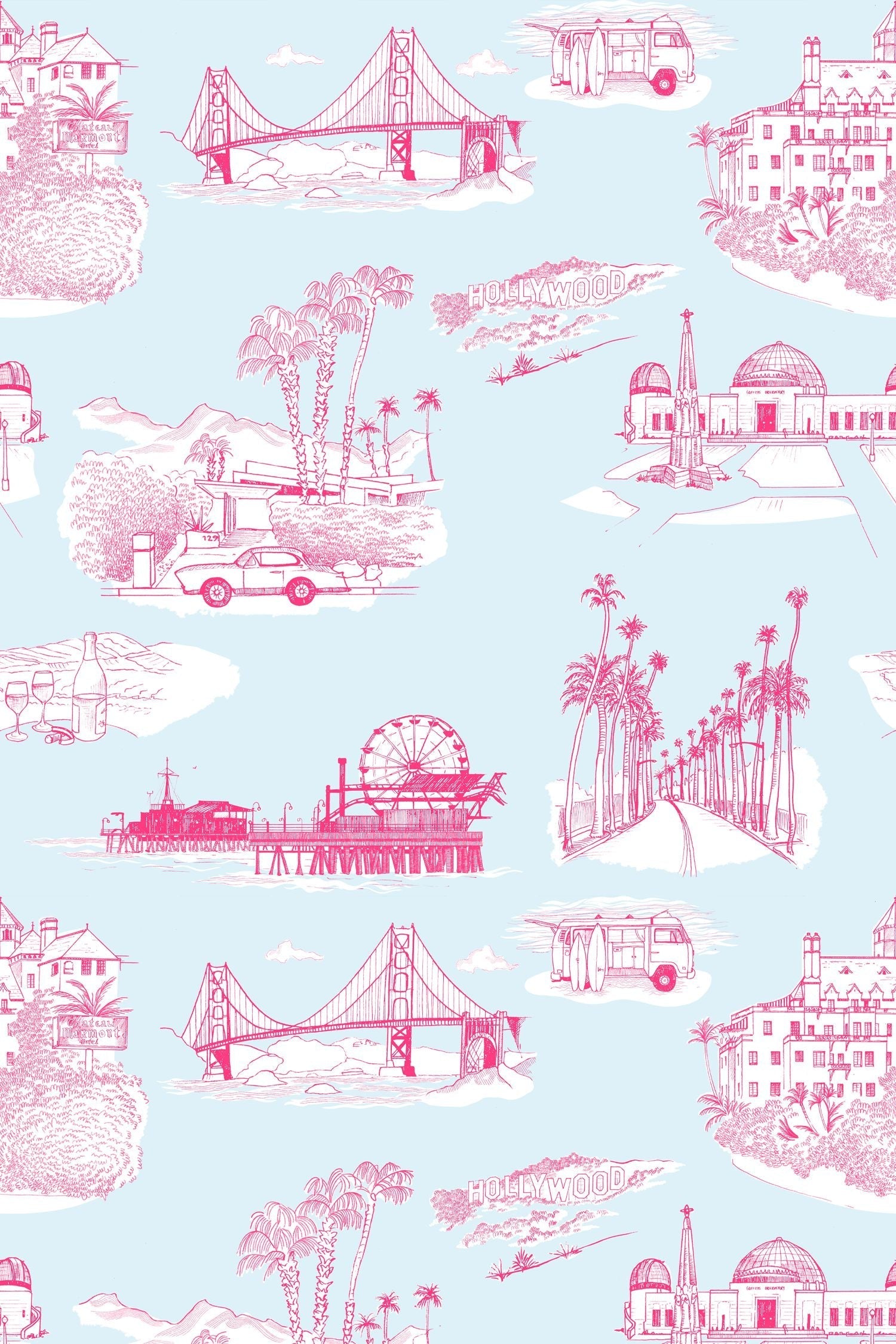 California Toile Wallpaper in light blue pink color - pattern number KK707_Light_Blue_Pink_KH300 - by Katie Kime in the collection