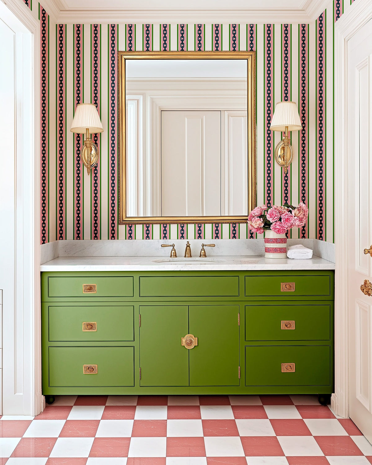Chain Stripe Peel and Stick Wallpaper in Pink color - pattern number KK809_Pink_KH306 - by Katie Kime in the collection